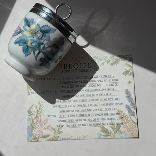 Decorative cookie jar with floral design on a recipe card