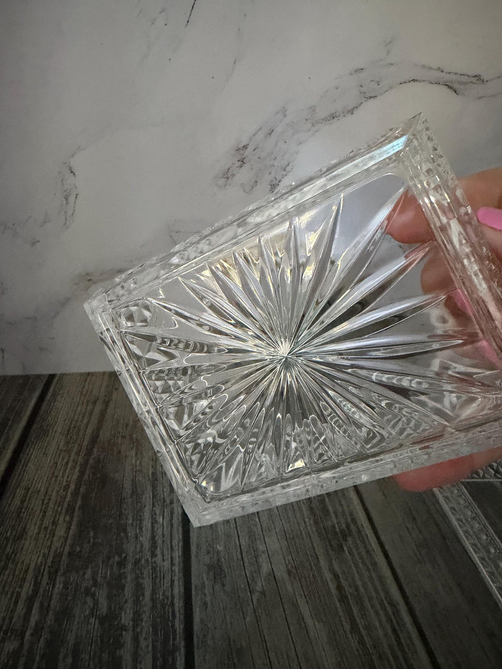 Vintage Pinwheel Starburst Glass Trinket Box Clear Pressed Glass with Lid