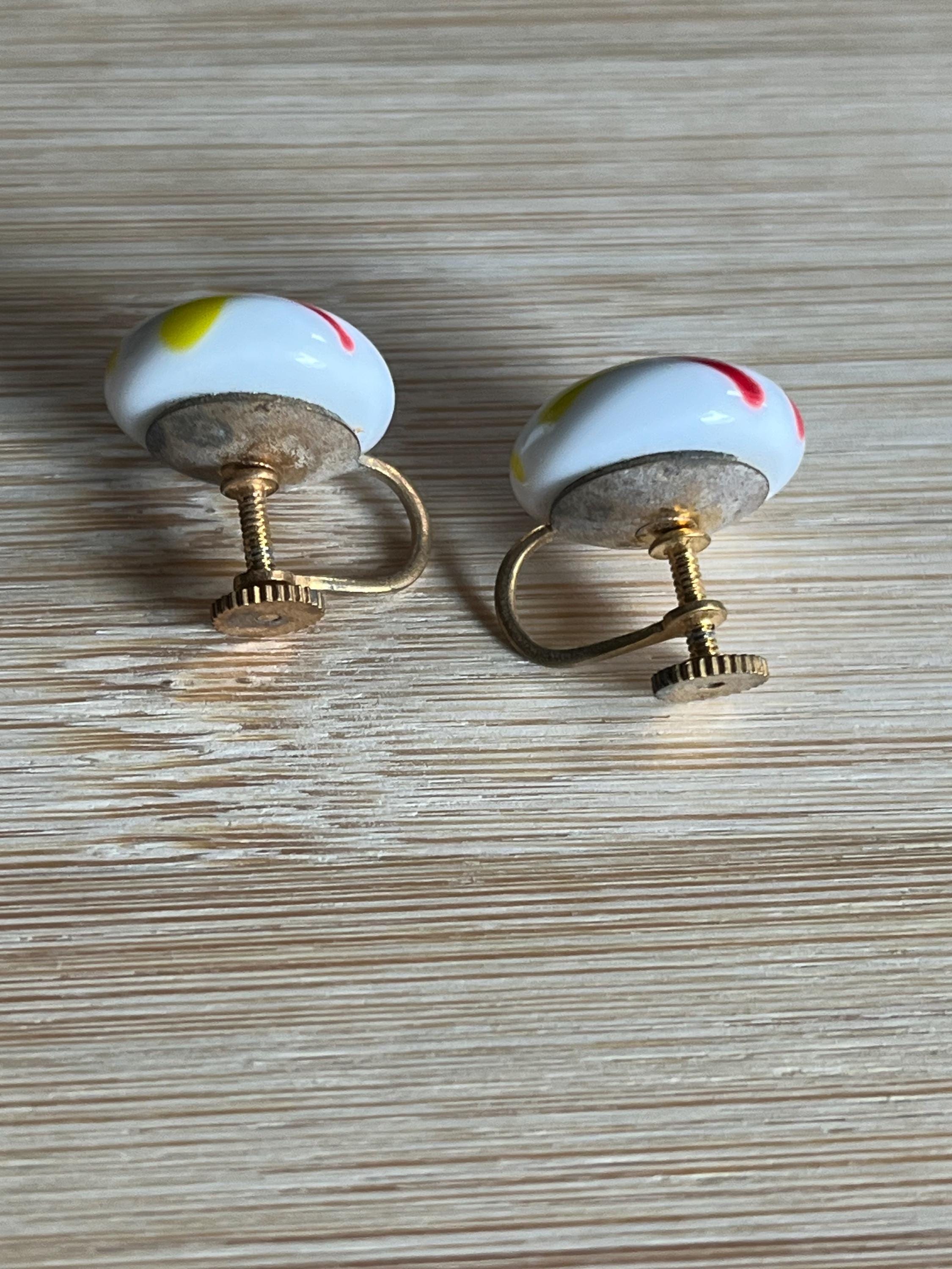 Vintage 1960s Brass Earrings with Large Glass Cabochon – Retro Statement Piece