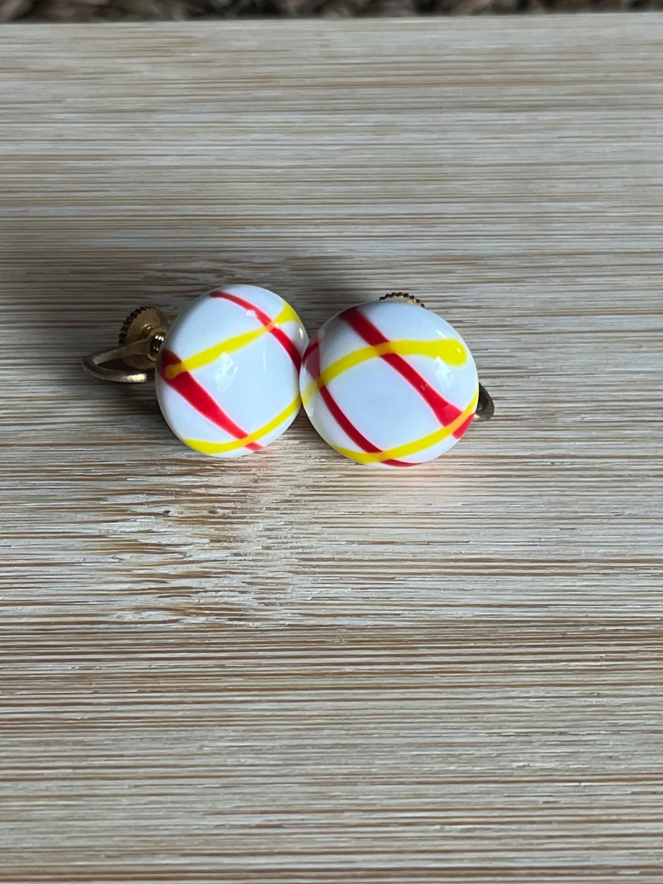 Vintage 1960s Brass Earrings with Large Glass Cabochon – Retro Statement Piece