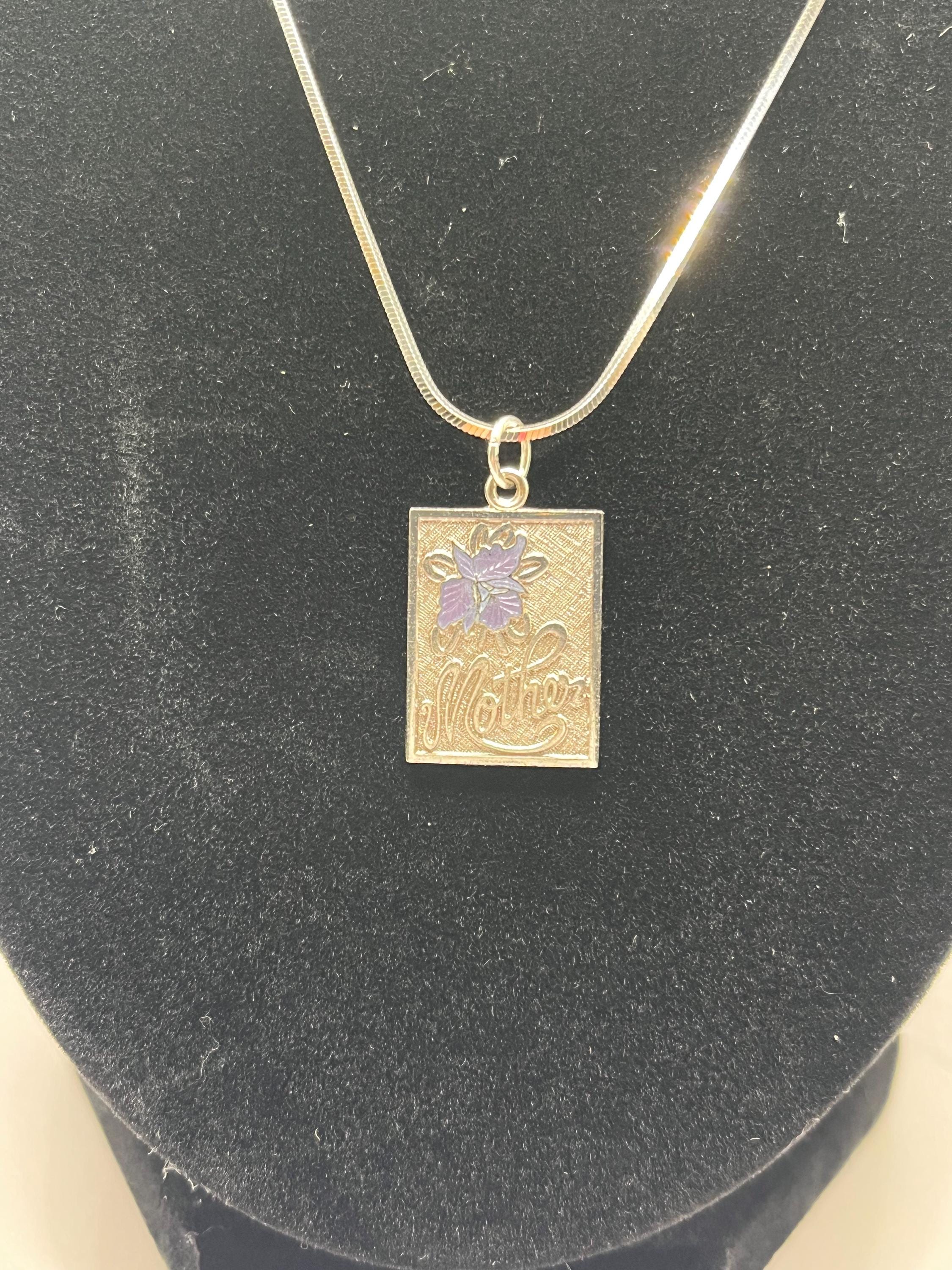Mother Flower Sterling Silver Pendant Necklace | Rectangle Floral Charm | Vintage Artisan Jewelry