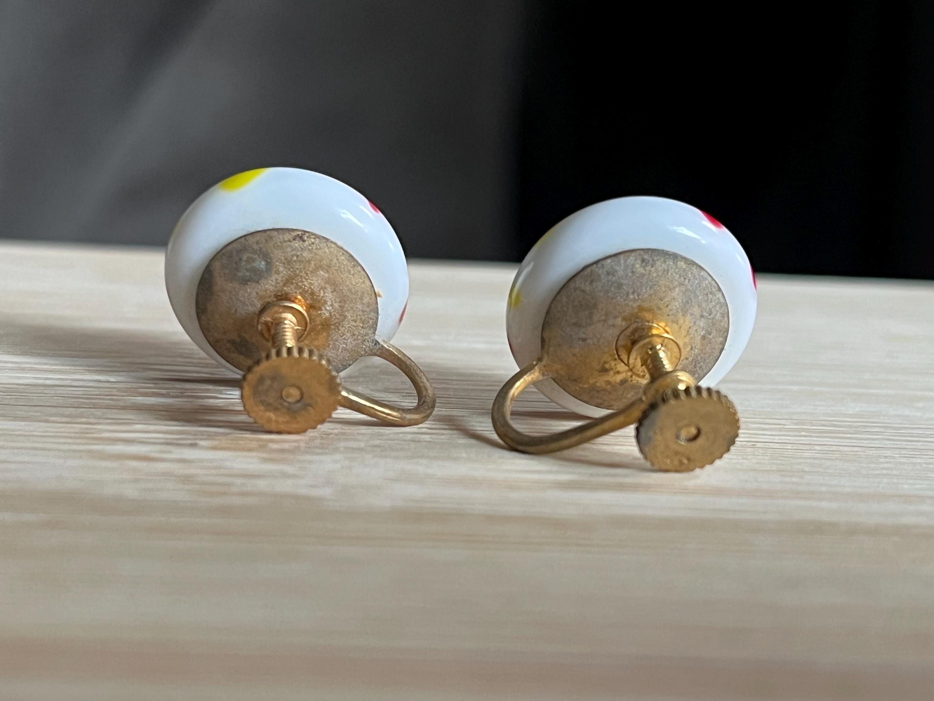 Vintage 1960s Brass Earrings with Large Glass Cabochon – Retro Statement Piece