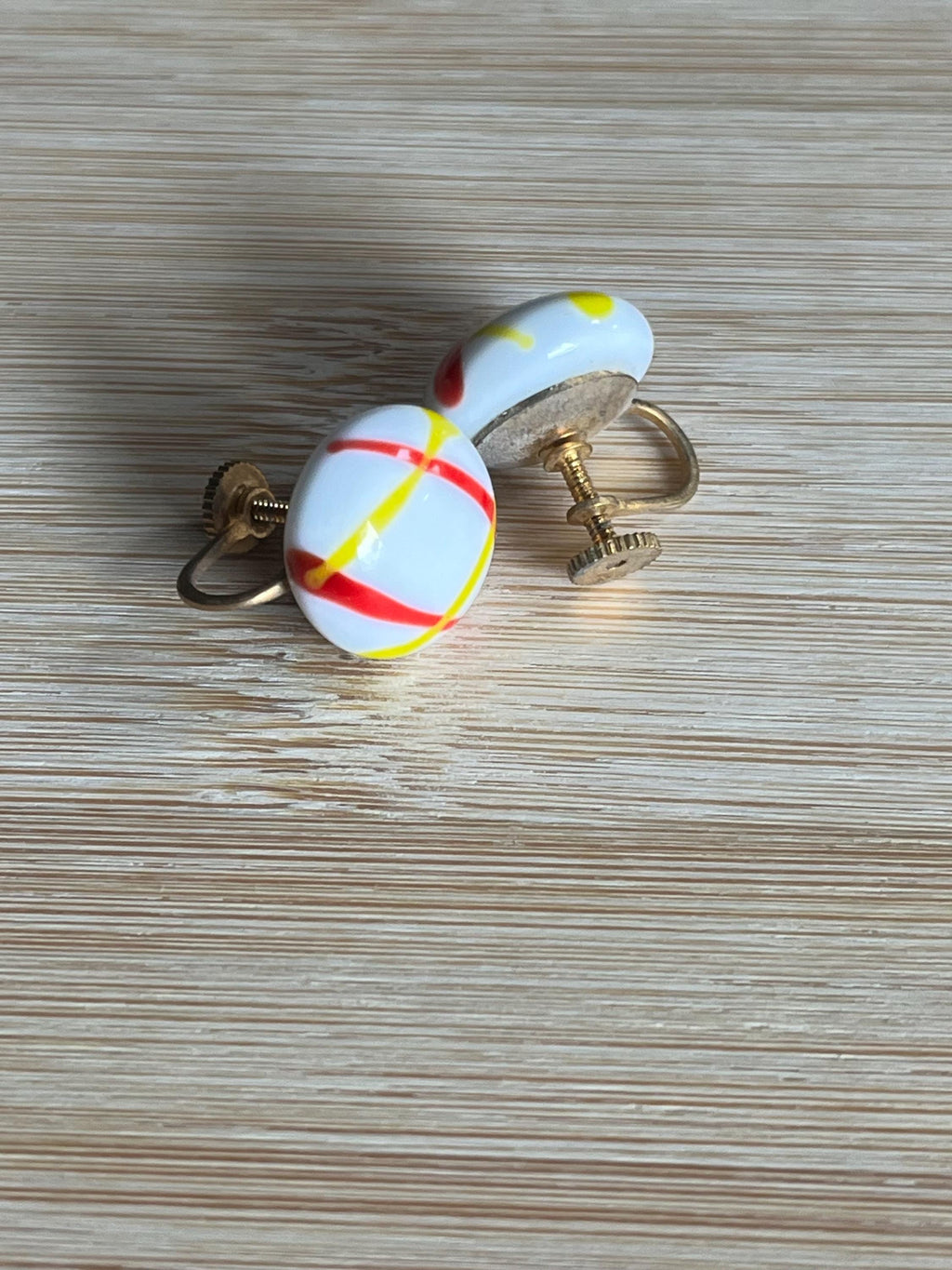 Vintage 1960s Brass Earrings with Large Glass Cabochon – Retro Statement Piece