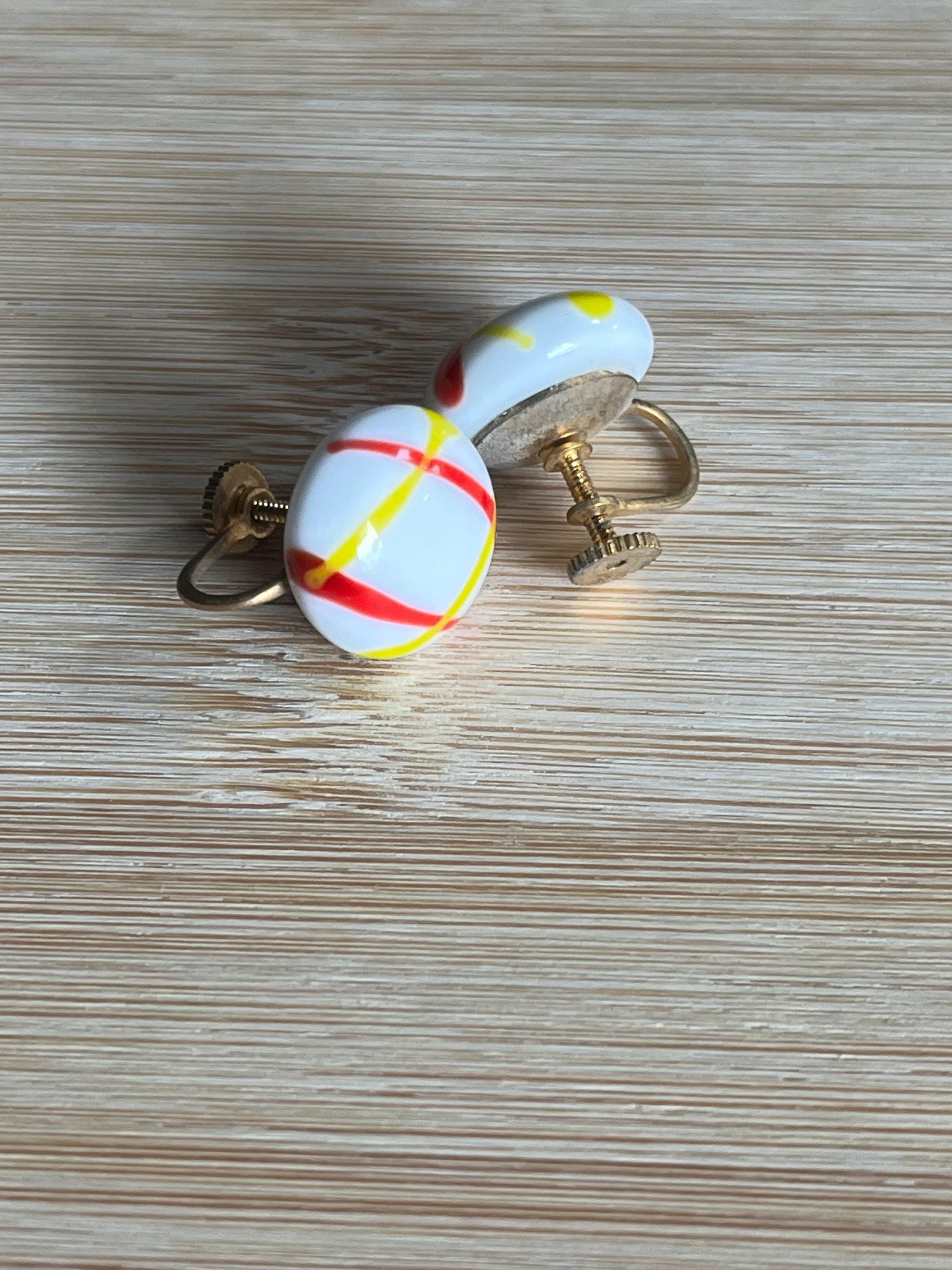 Vintage 1960s Brass Earrings with Large Glass Cabochon – Retro Statement Piece