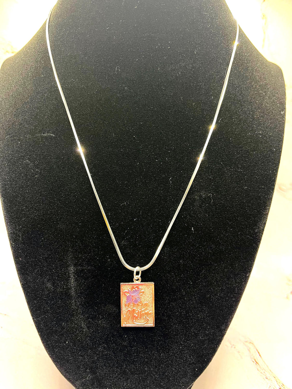 Mother Flower Sterling Silver Pendant Necklace | Rectangle Floral Charm | Vintage Artisan Jewelry