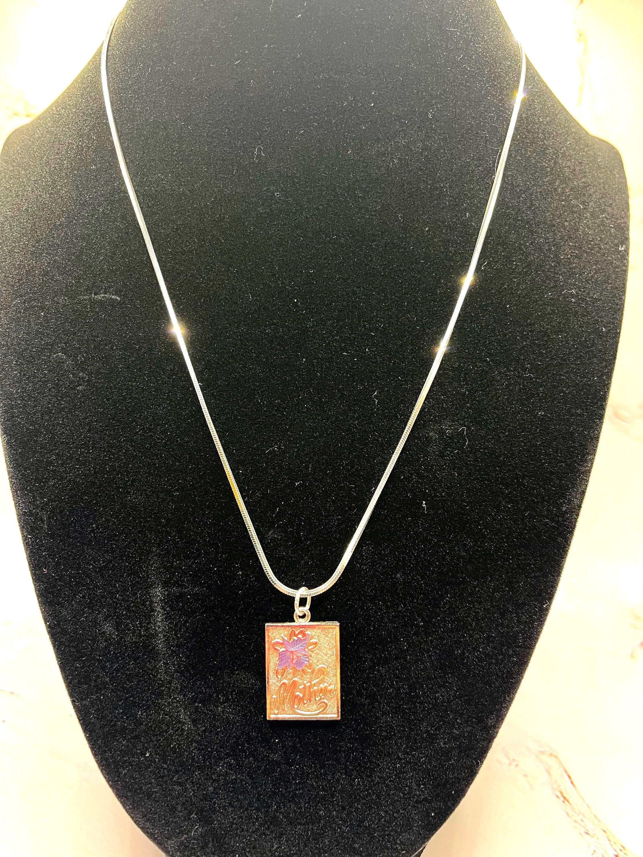 Mother Flower Sterling Silver Pendant Necklace | Rectangle Floral Charm | Vintage Artisan Jewelry
