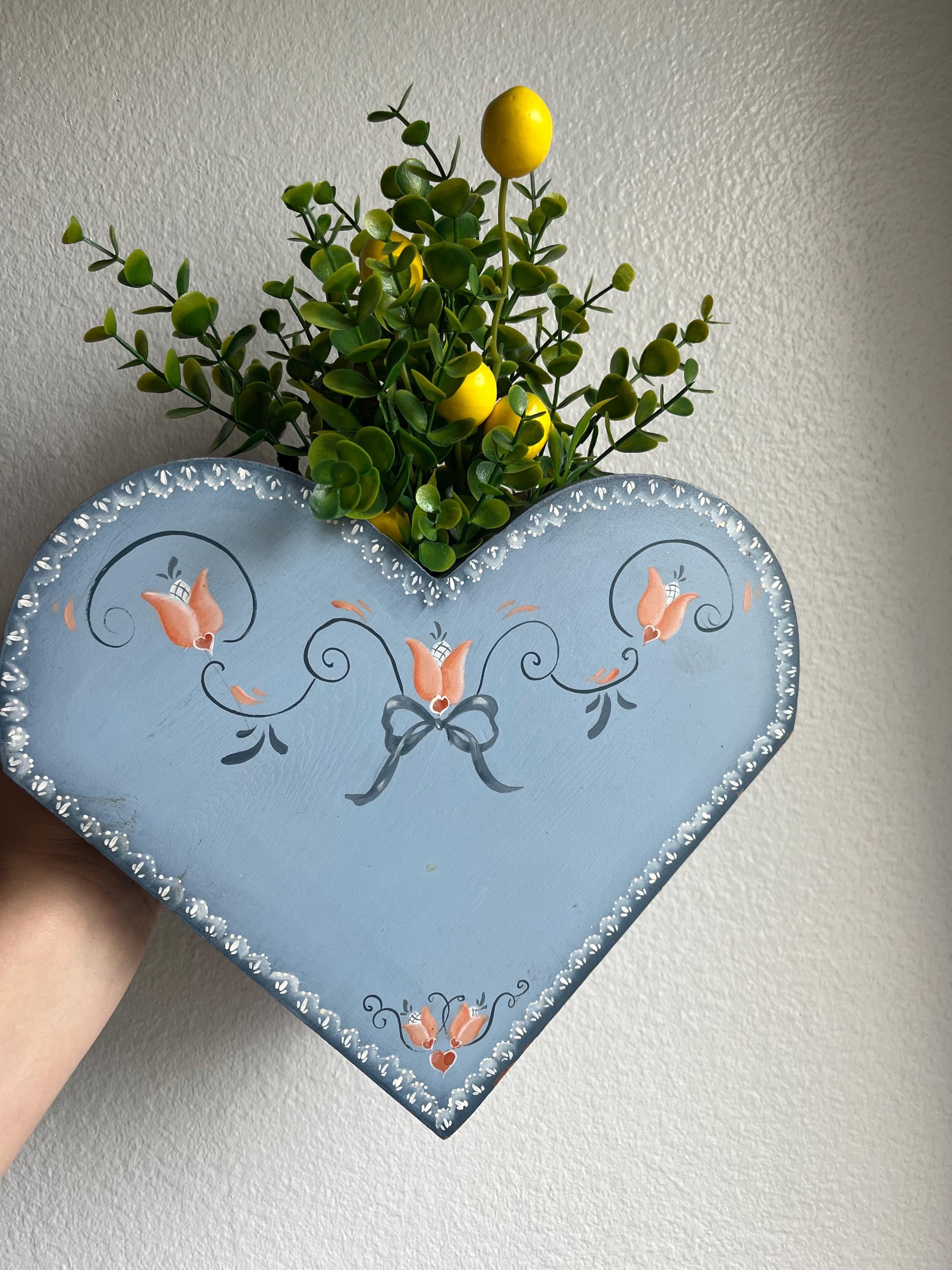 Hand-Painted Heart Hanging Planter: Cottagecore Floral Wall Pocket