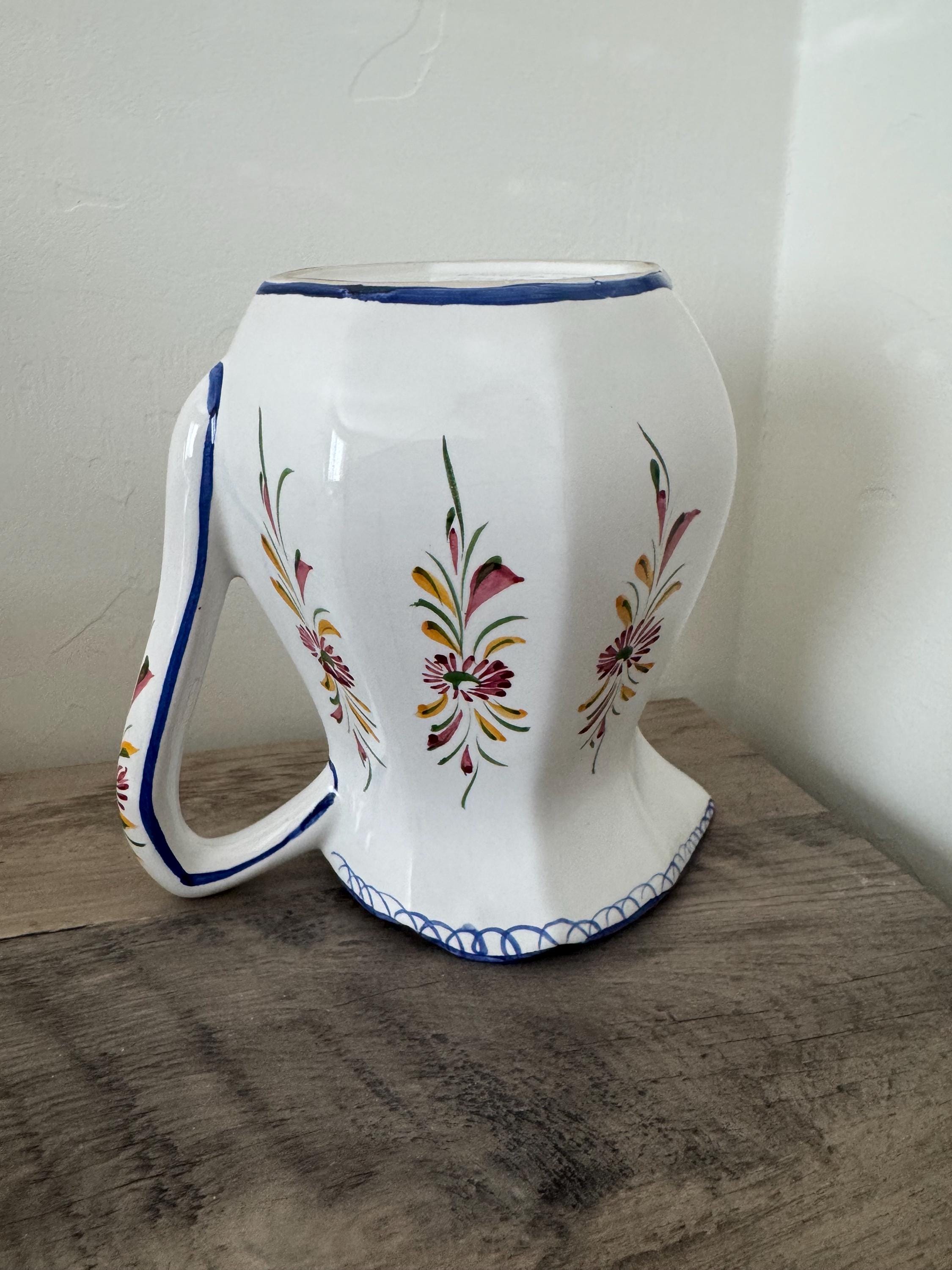 Vintage Portugal Pottery Hand-Painted Pitcher Jug  6.5 inches Floral Blue & White
