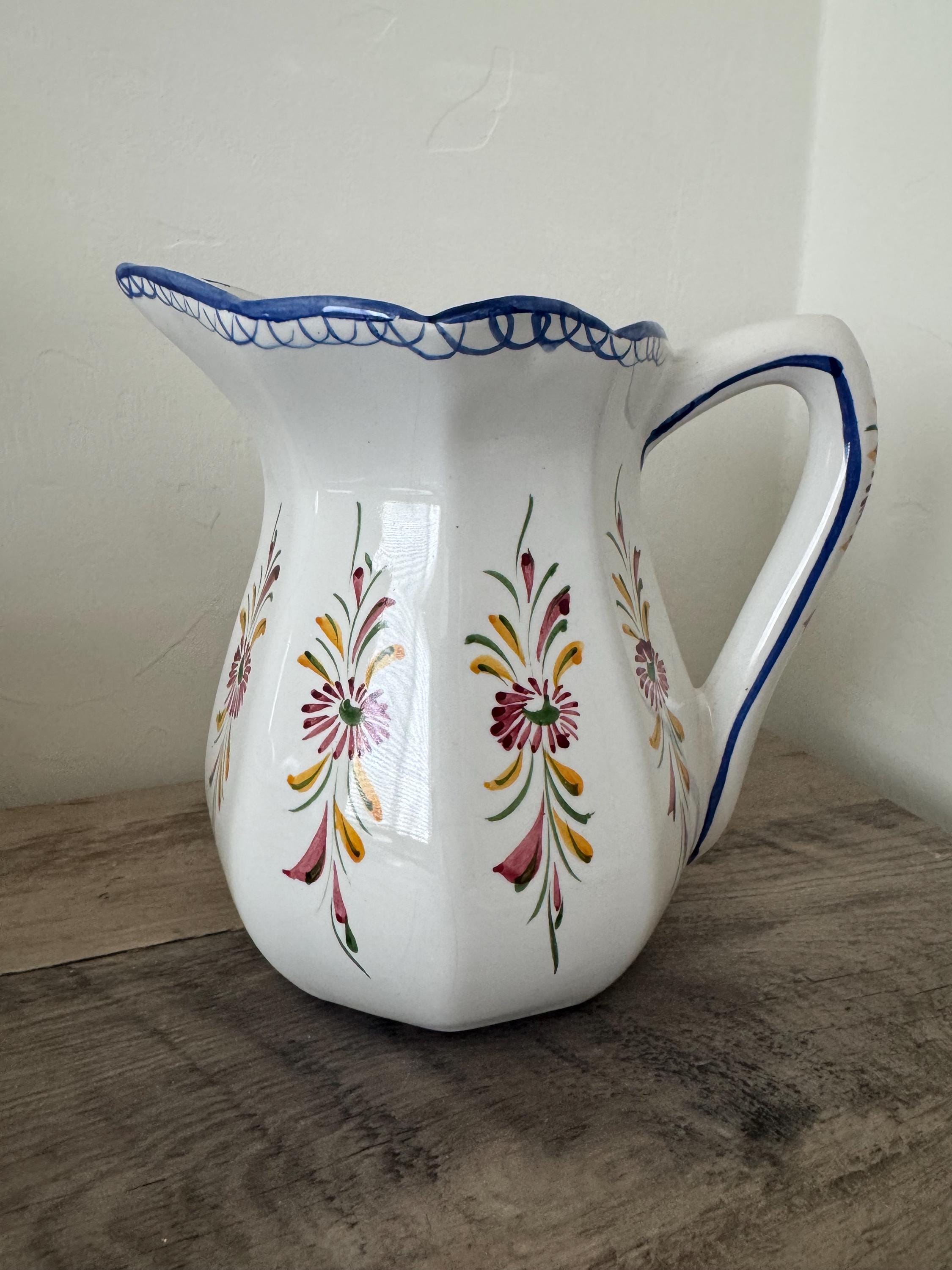 Vintage Portugal Pottery Hand-Painted Pitcher Jug  6.5 inches Floral Blue & White