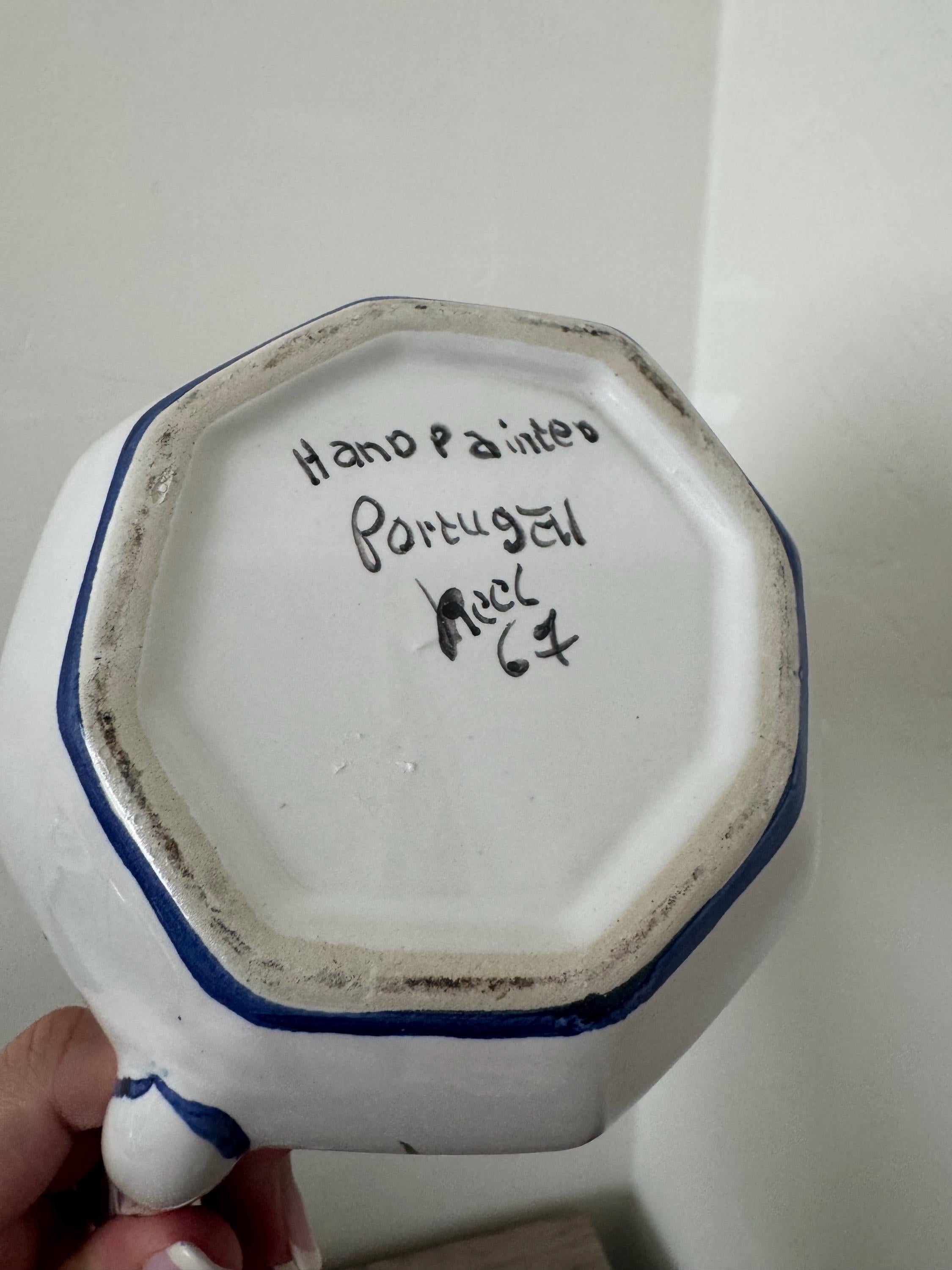 Vintage Portugal Pottery Hand-Painted Pitcher Jug  6.5 inches Floral Blue & White