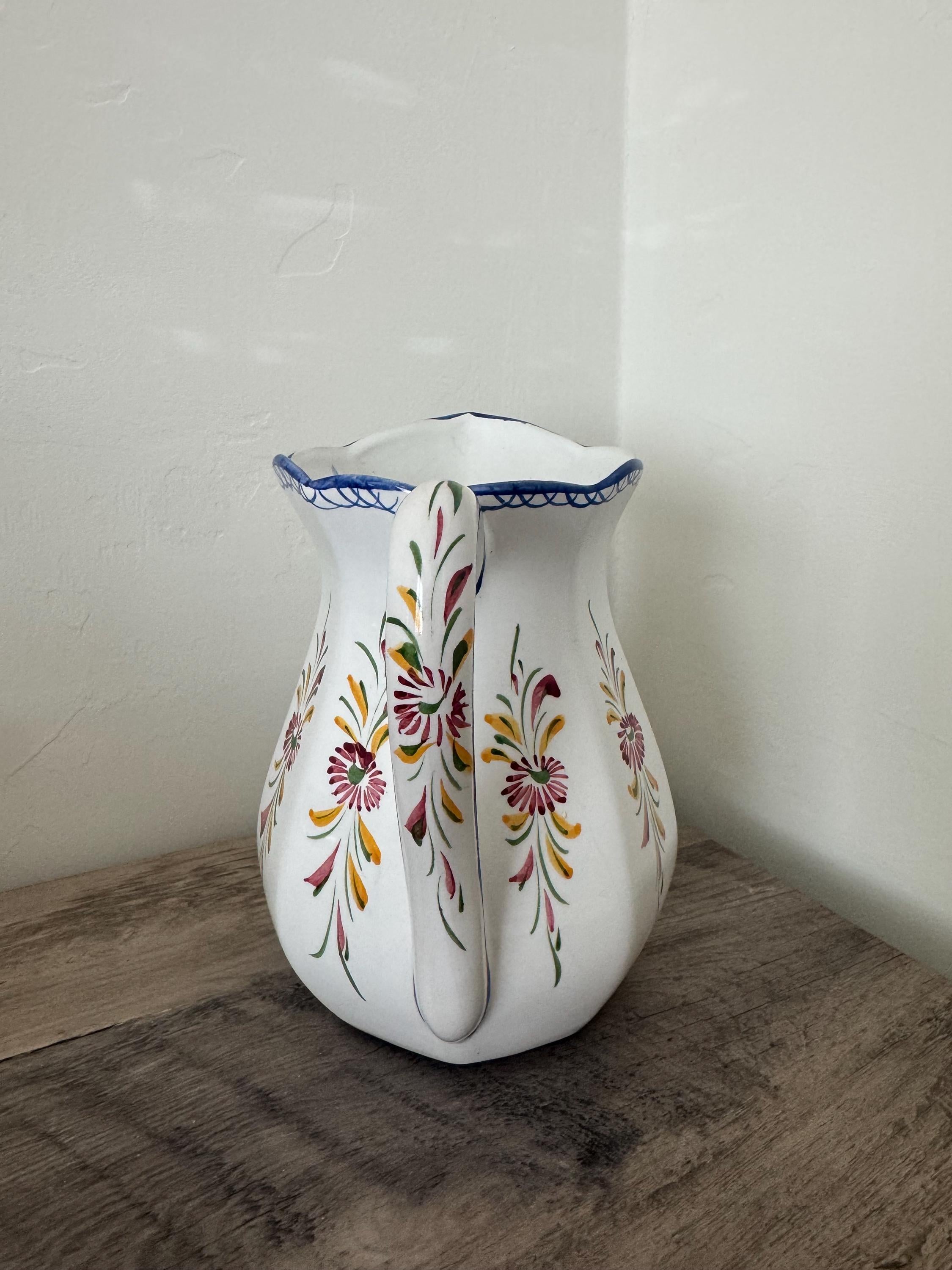 Vintage Portugal Pottery Hand-Painted Pitcher Jug  6.5 inches Floral Blue & White