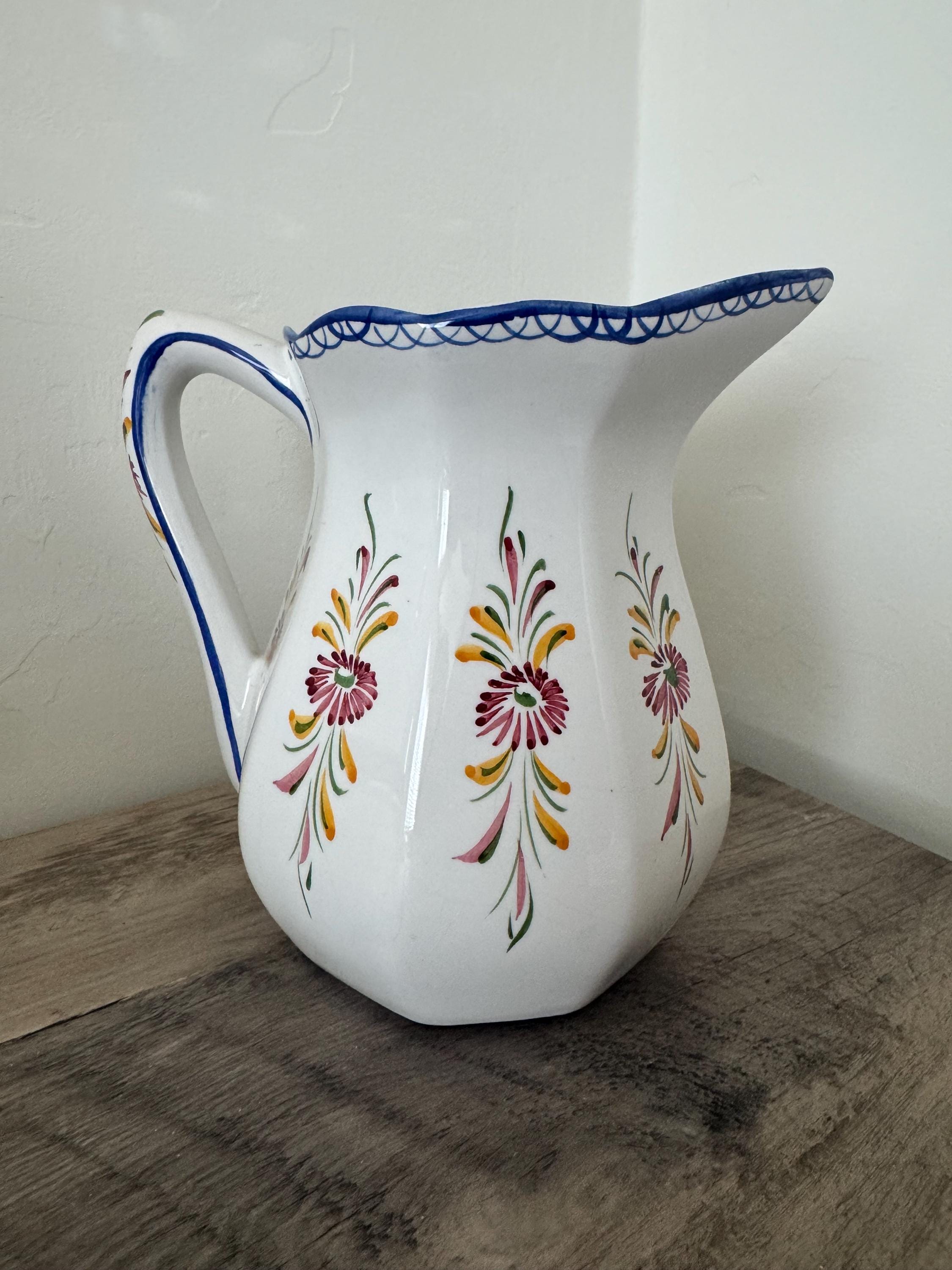 Vintage Portugal Pottery Hand-Painted Pitcher Jug  6.5 inches Floral Blue & White