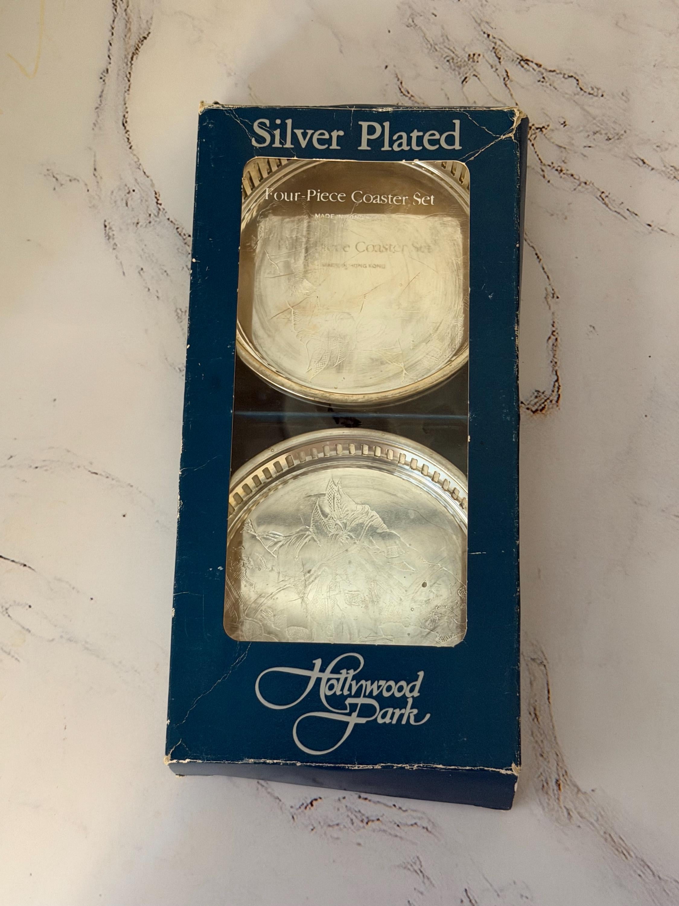 Hollywood Park Silver Plated Coaster Set Vintage Horse Racing Barware Set