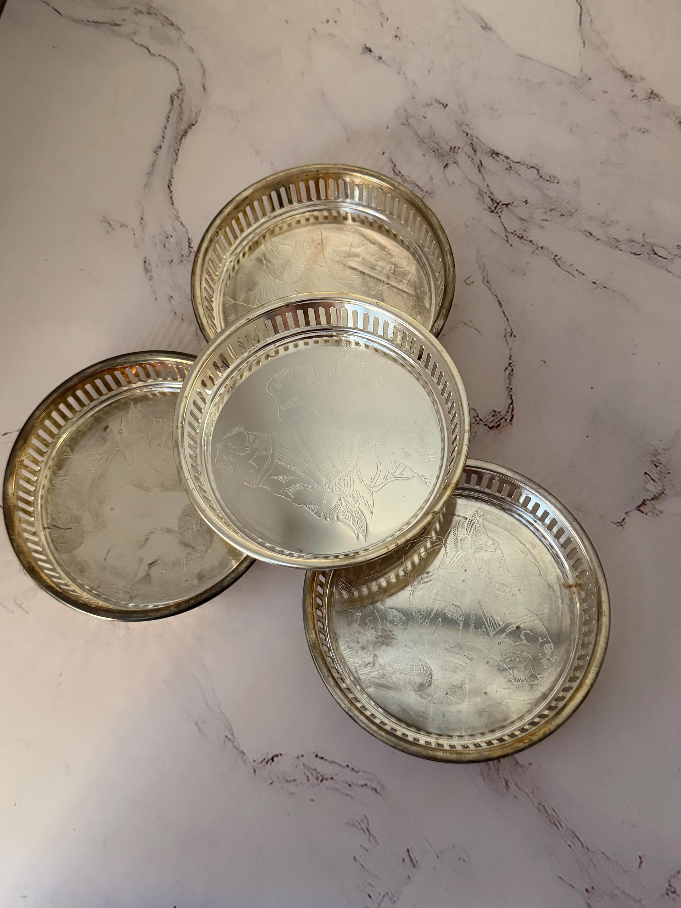 Hollywood Park Silver Plated Coaster Set Vintage Horse Racing Barware Set