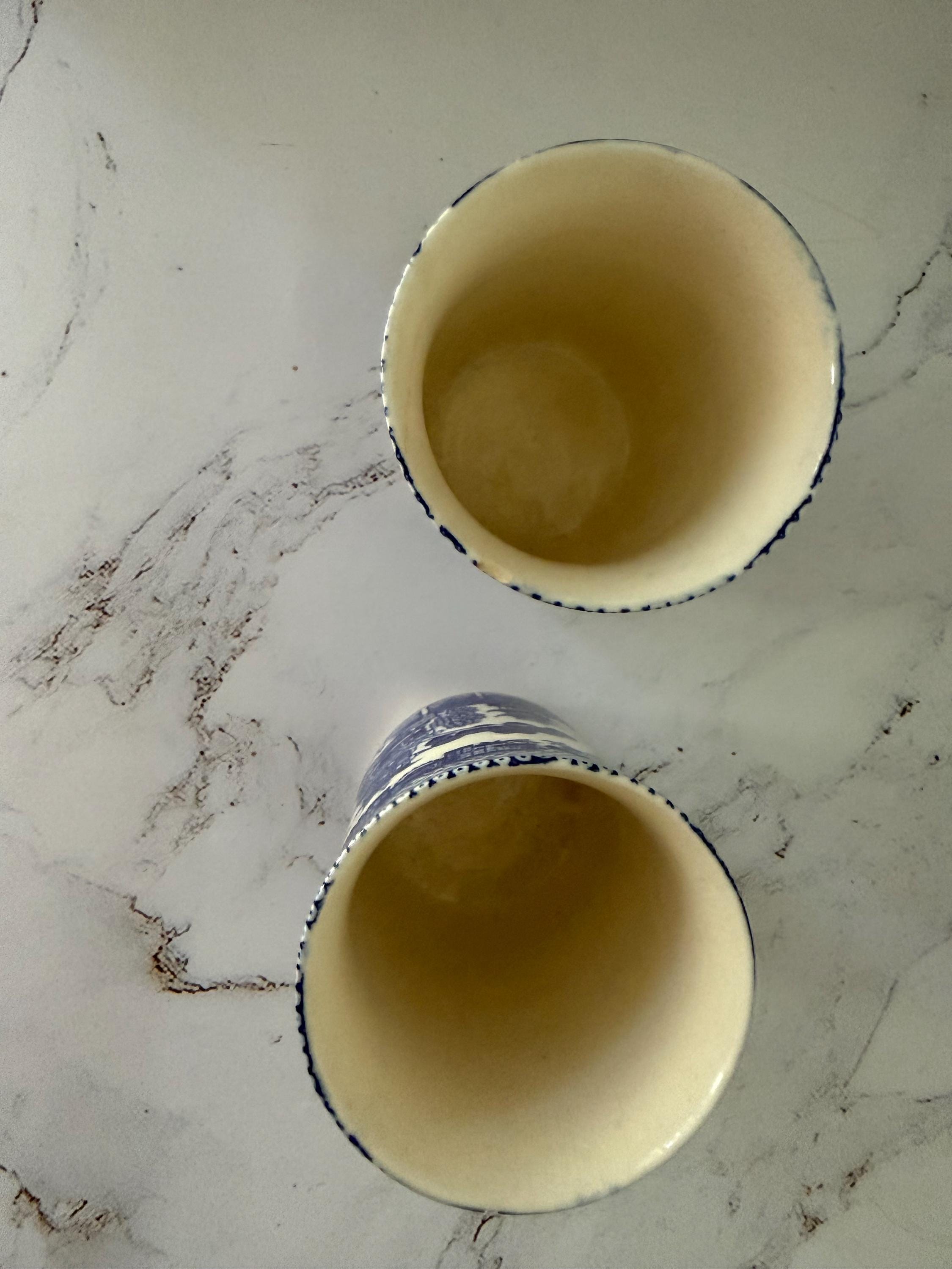 Vintage Blue Willow Tumblers Pair — Small Japan Pottery Cups 3.5” Cottage Tea