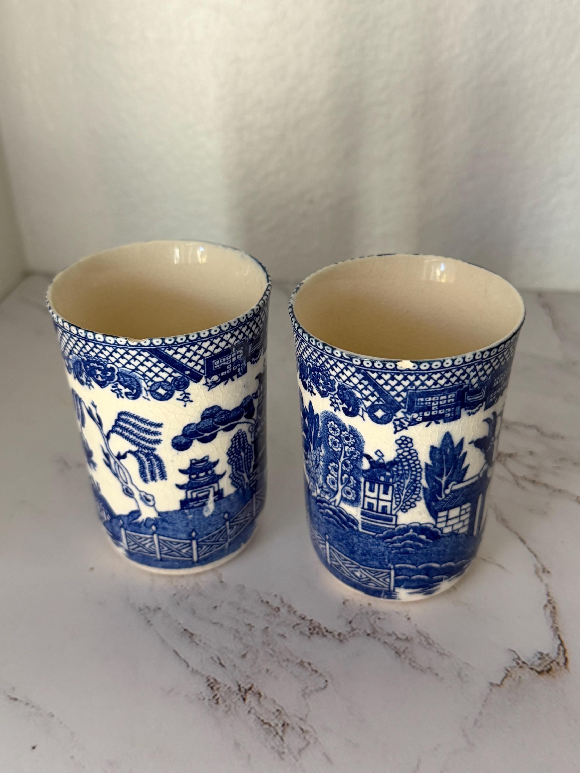 Vintage Blue Willow Tumblers Pair — Small Japan Pottery Cups 3.5” Cottage Tea