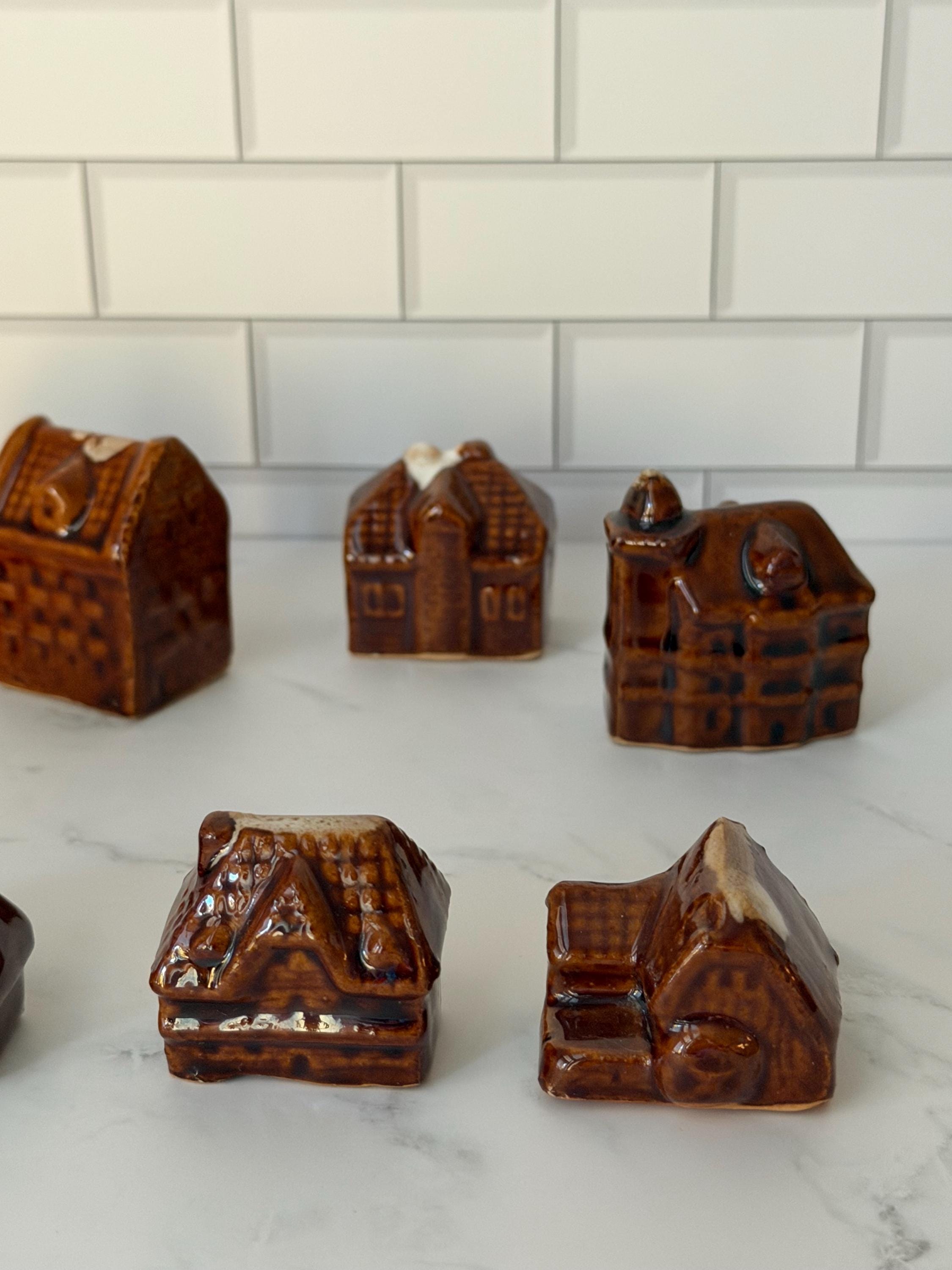 Miniature Ceramic Village Houses Set of 12 – Brown Drip Glaze Cottage Decor