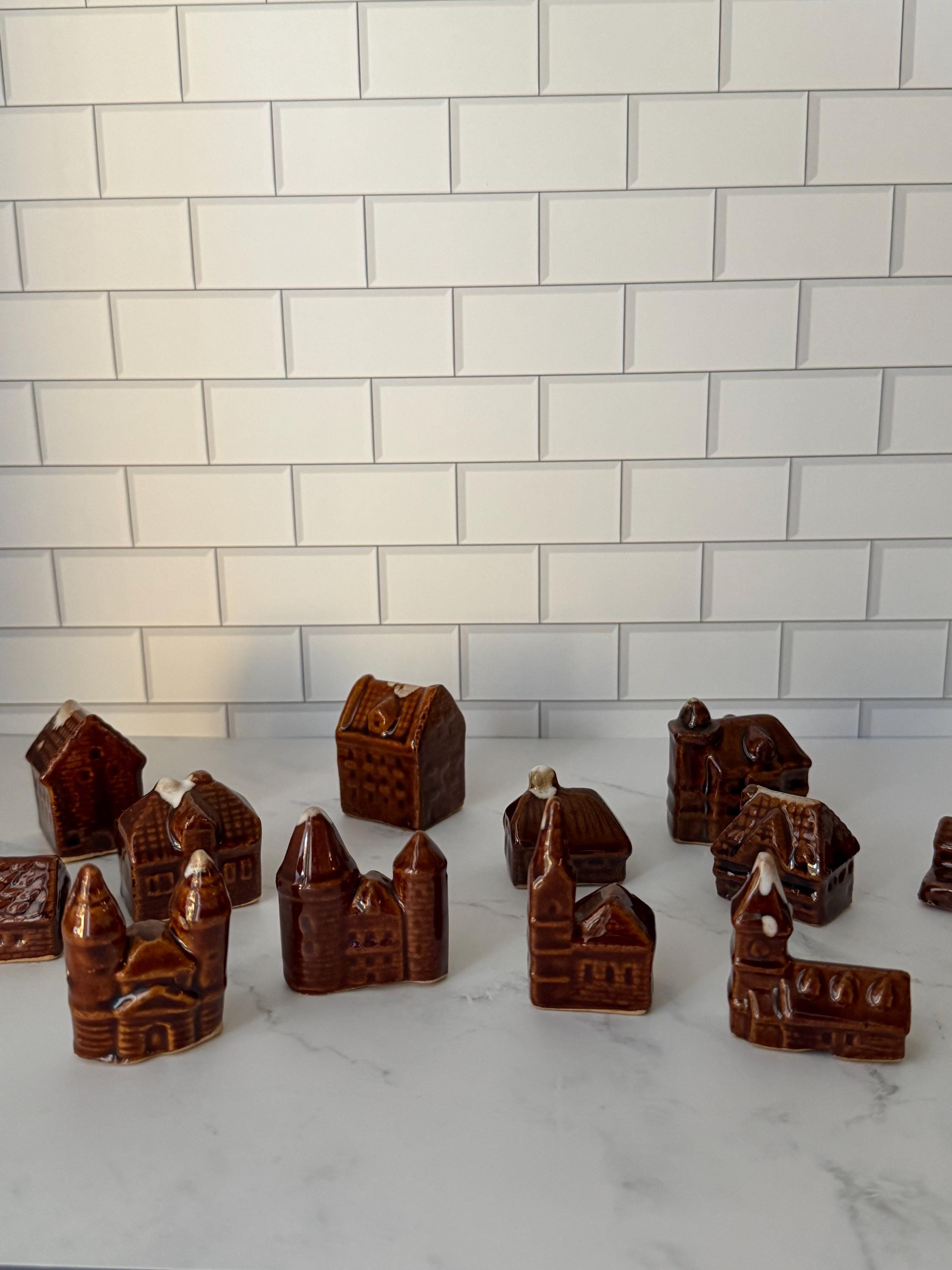 Miniature Ceramic Village Houses Set of 12 – Brown Drip Glaze Cottage Decor