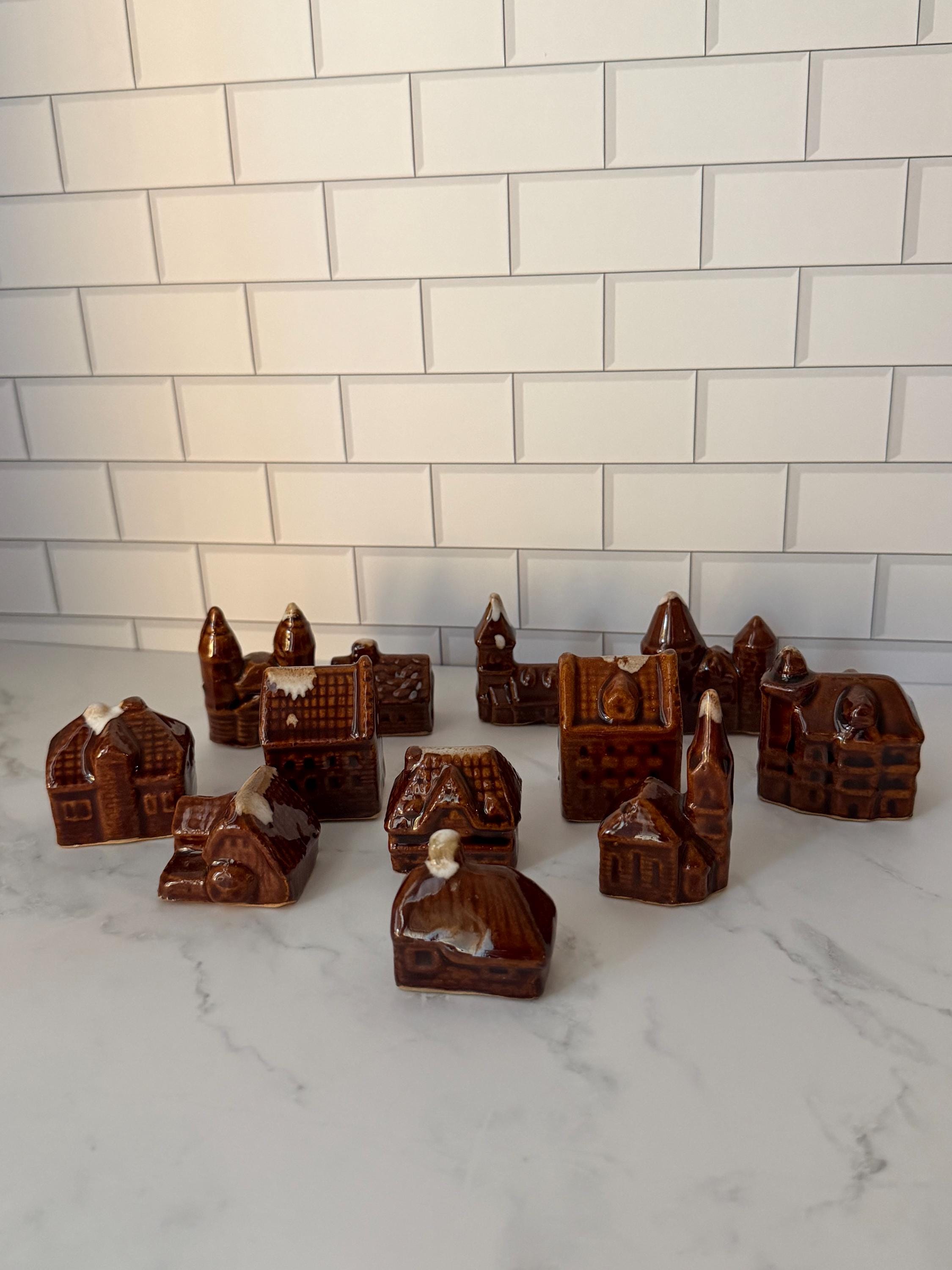 Miniature Ceramic Village Houses Set of 12 – Brown Drip Glaze Cottage Decor