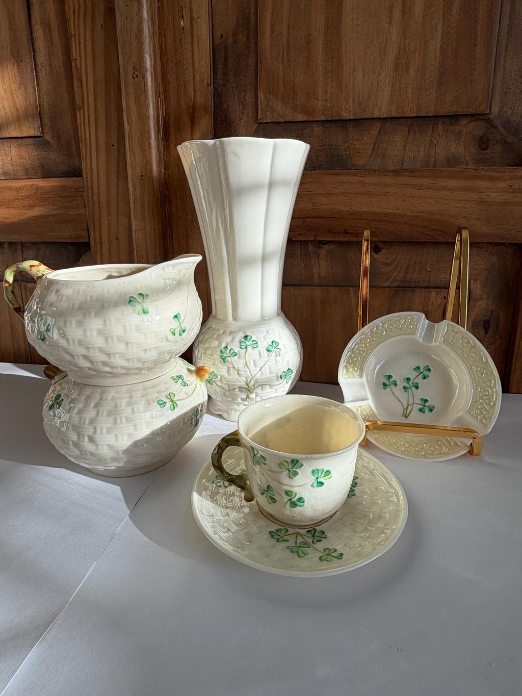 Mid Century Belleek Ireland Porcelain Shamrock Cup with  Saucer Green 6th Mark