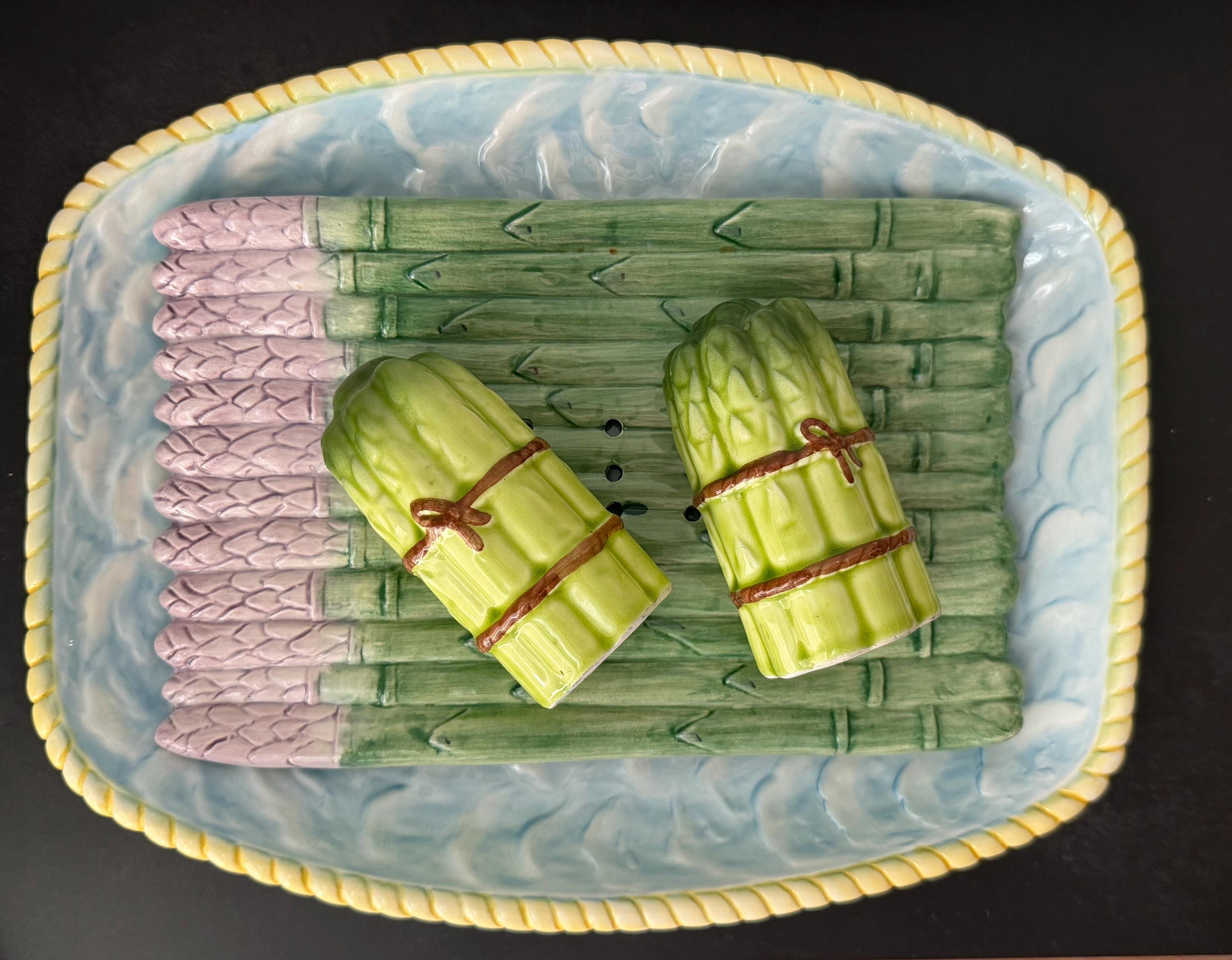Majolica Asparagus Serving Dish 1985 Haldon Group Blue Yellow Vegetable Plate