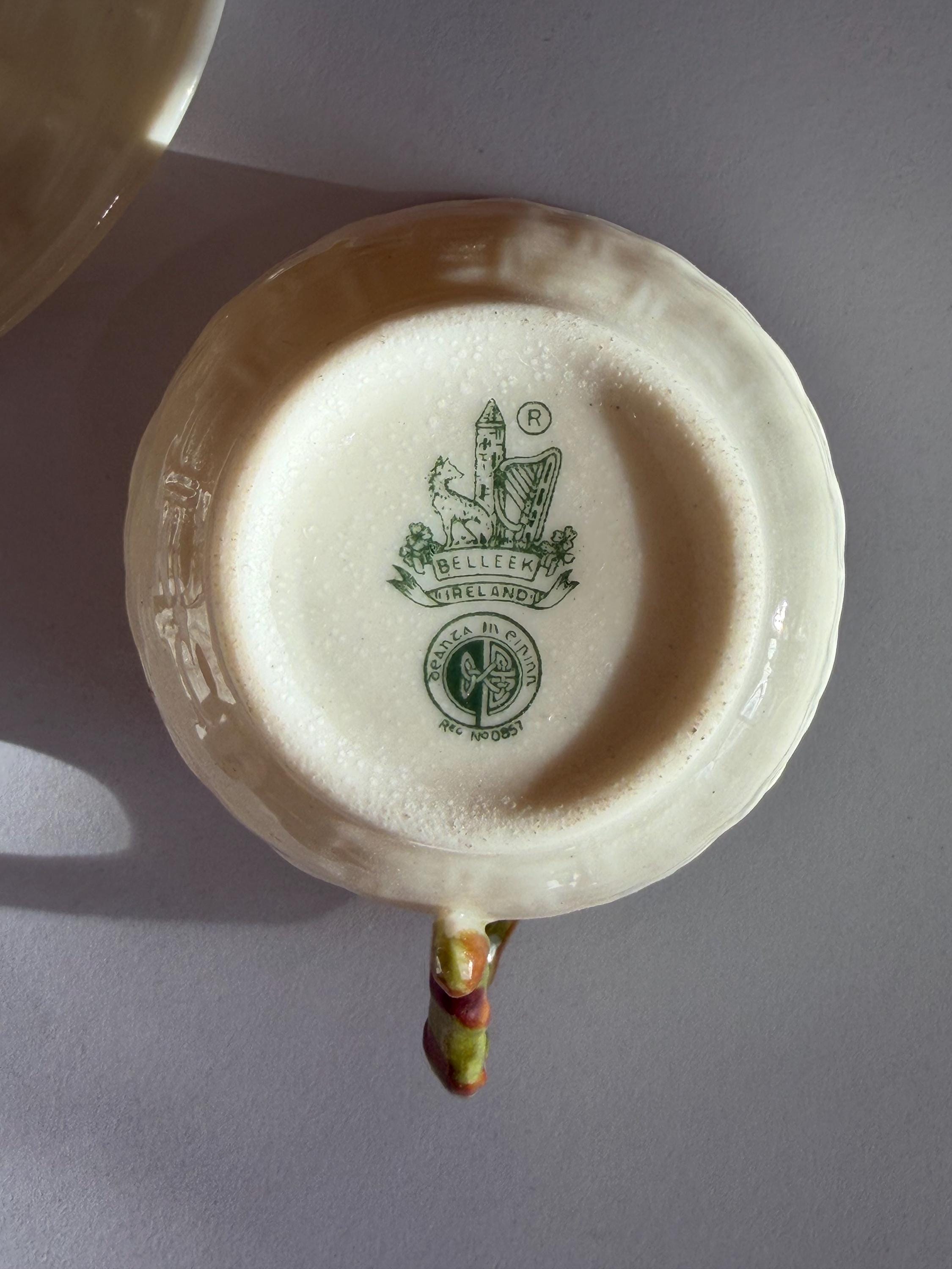 Mid Century Belleek Ireland Porcelain Shamrock Cup with  Saucer Green 6th Mark