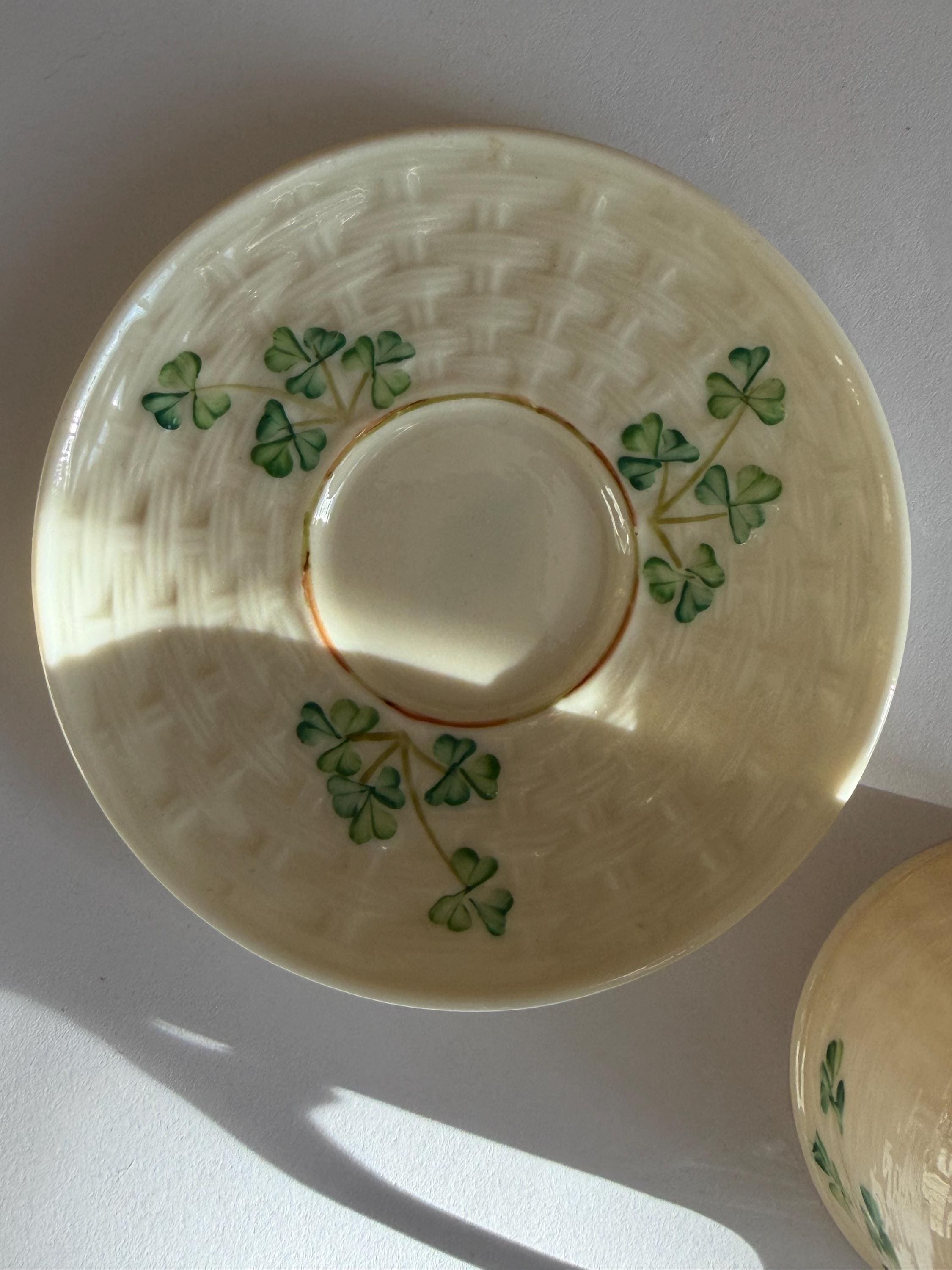 Mid Century Belleek Ireland Porcelain Shamrock Cup with  Saucer Green 6th Mark
