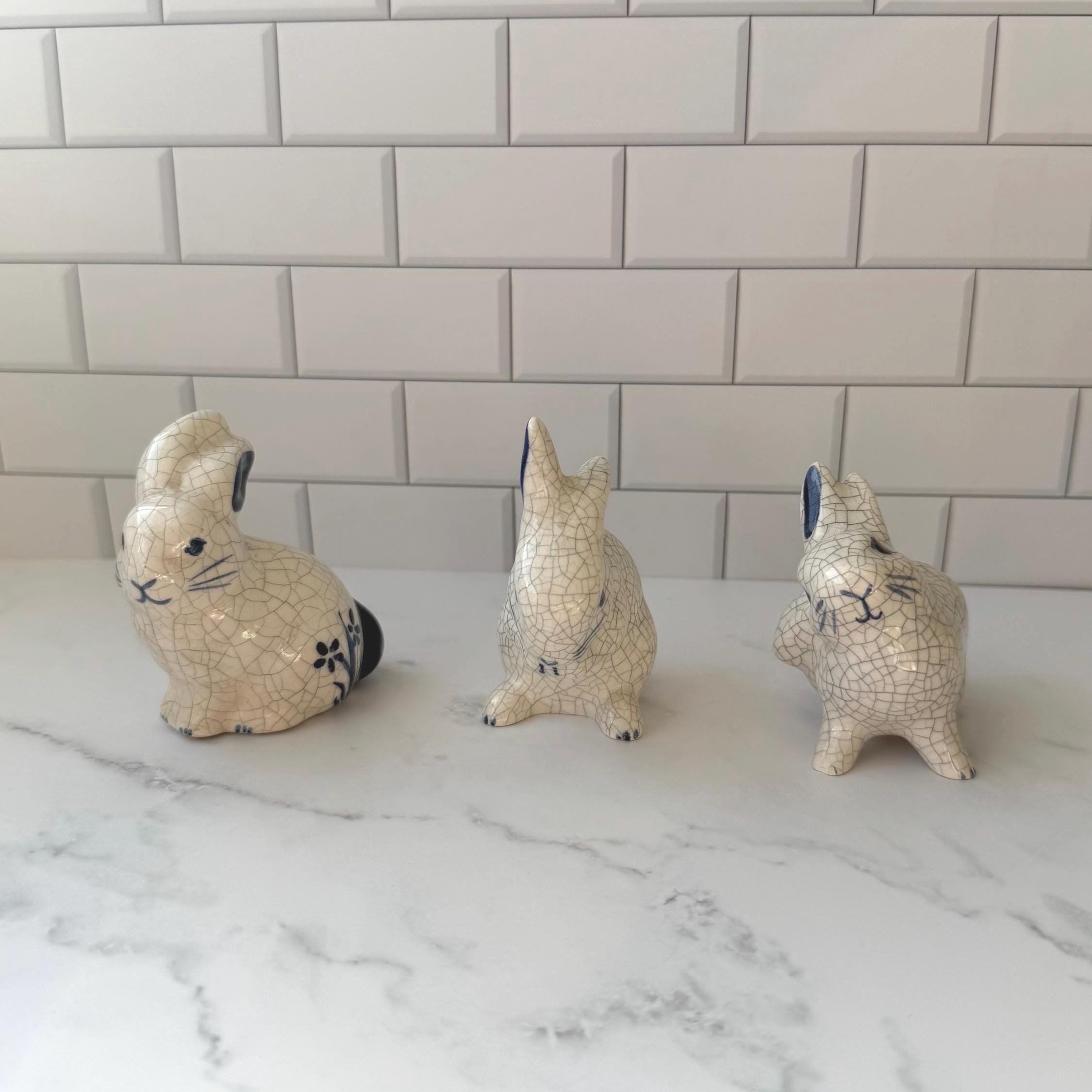 Potting Shed Dedham Style Bunny Figurines Set, Blue White Crackle Glaze Cottagecore Easter Decor
