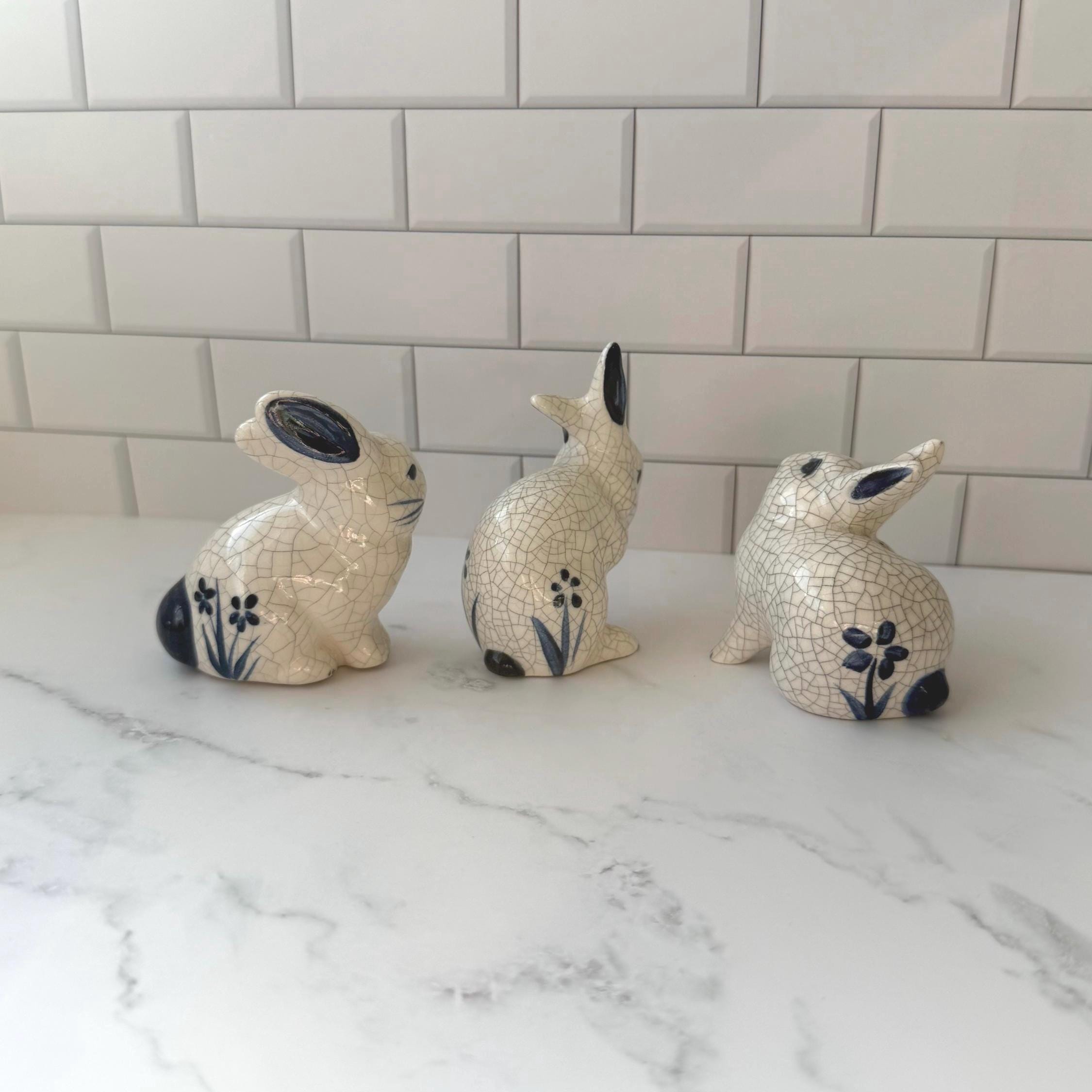 Potting Shed Dedham Style Bunny Figurines Set, Blue White Crackle Glaze Cottagecore Easter Decor