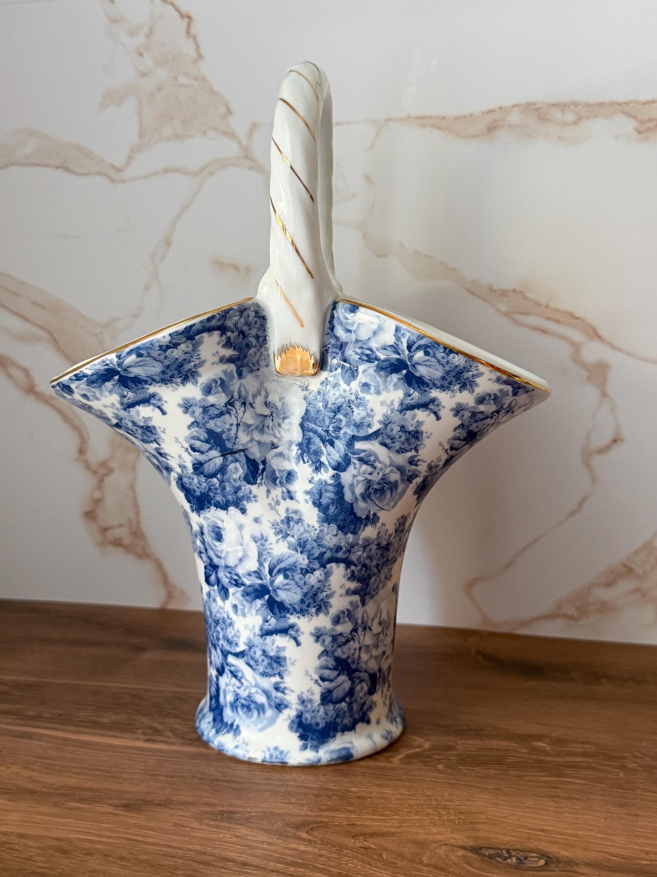 Vintage Baum Bros Formalities Basket Vase Blue White Roses 9 Inch Porcelain