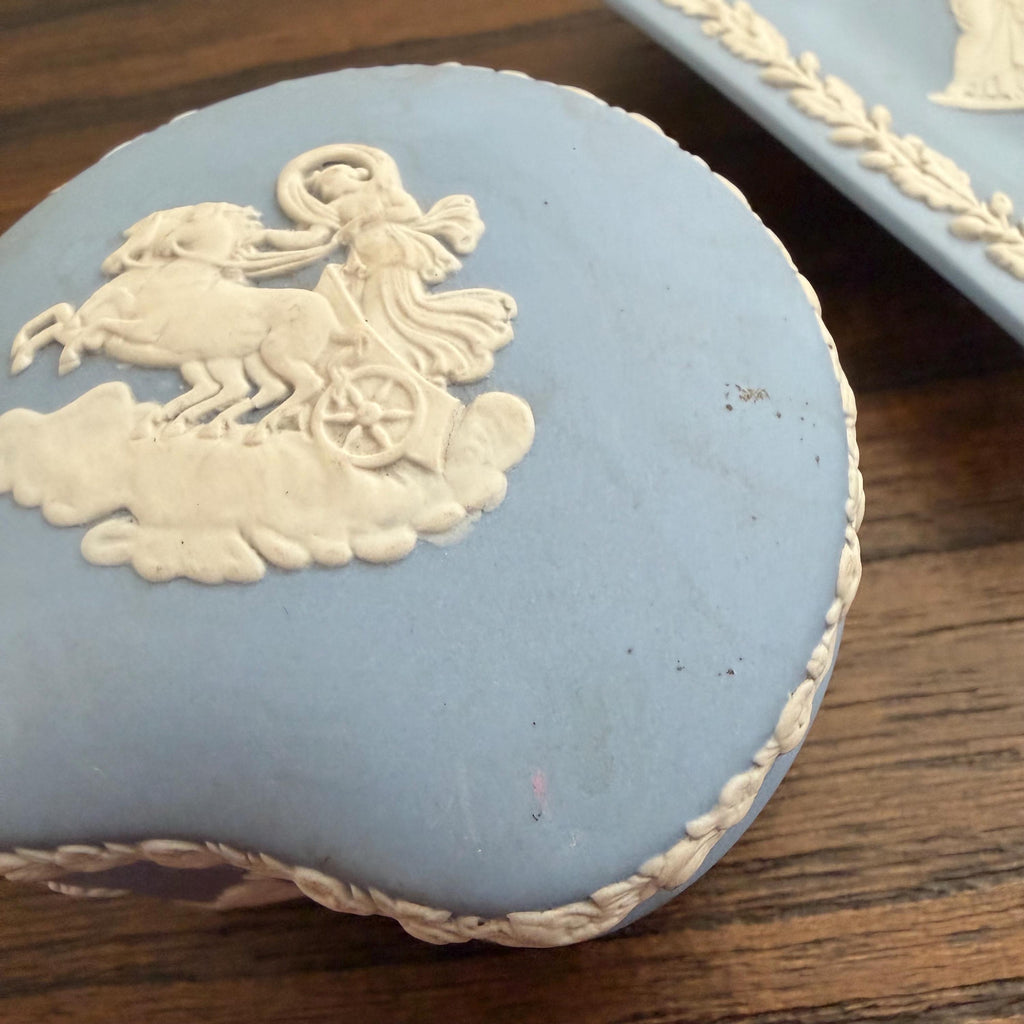 Wedgwood Jasperware Blue Cherub Trinket Box Kidney Shape Vintage England