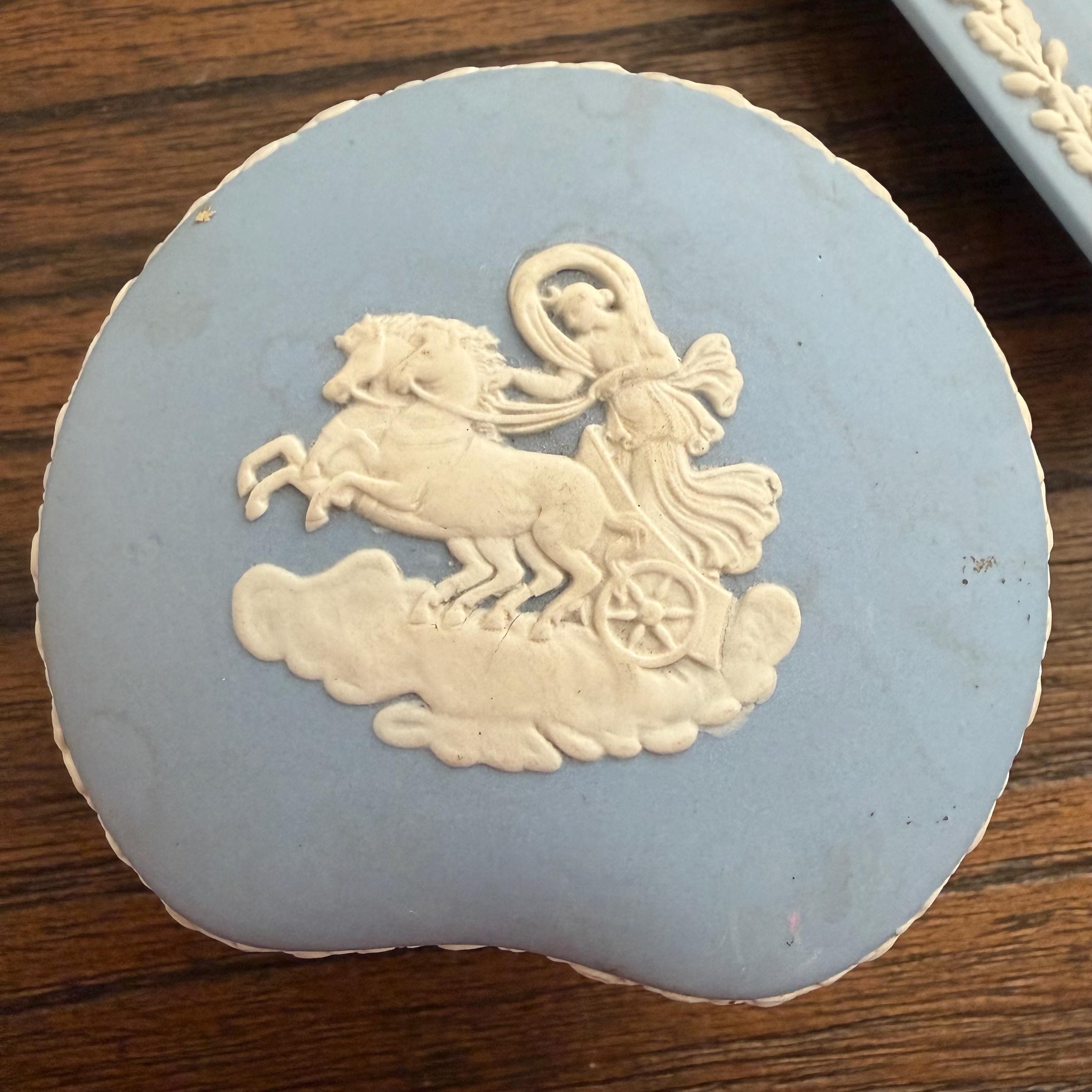 Wedgwood Jasperware Blue Cherub Trinket Box Kidney Shape Vintage England