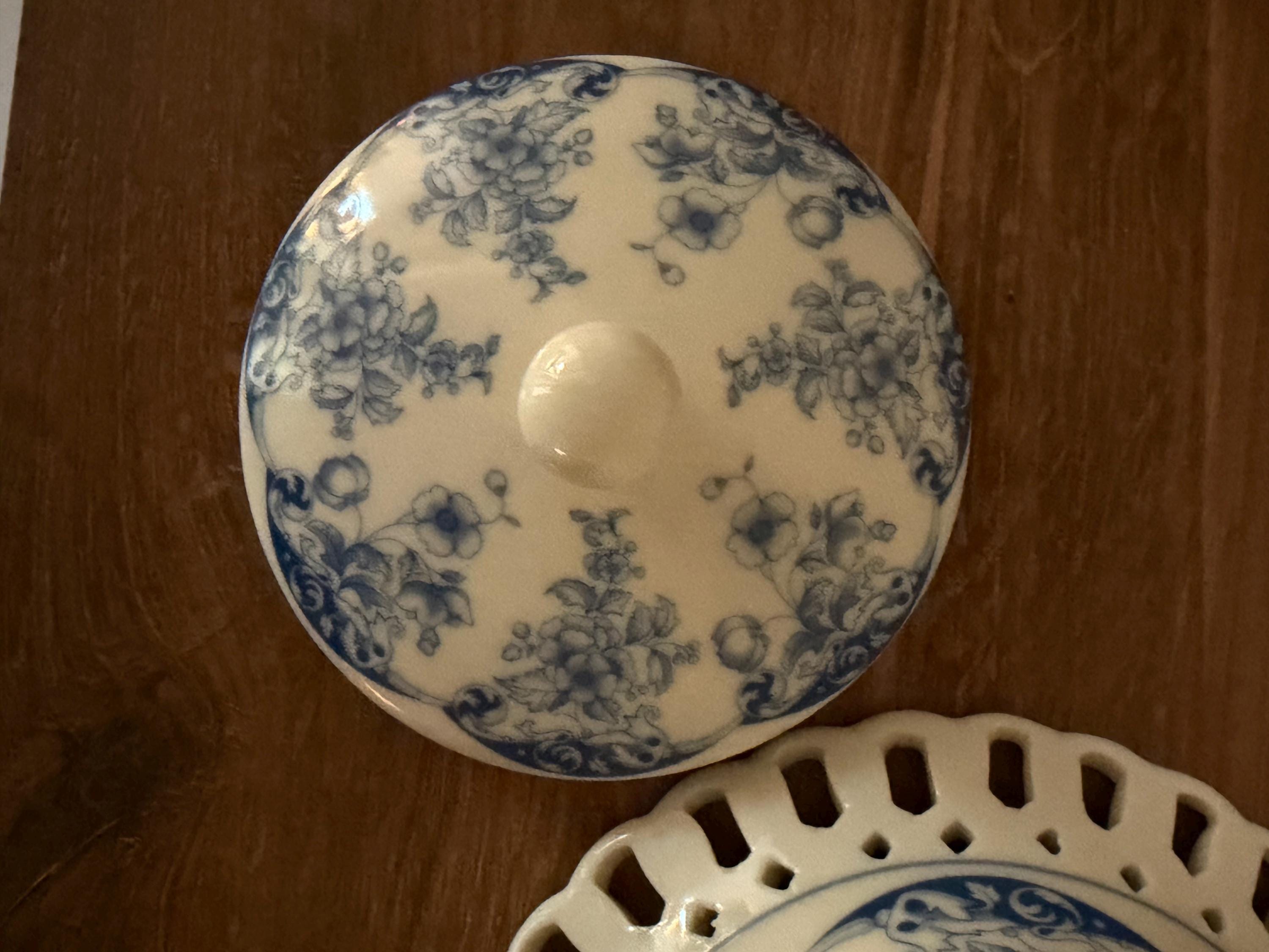 Vintage Blue Floral Transferware Lidded Dish, Reticulated Edge Candy Bowl