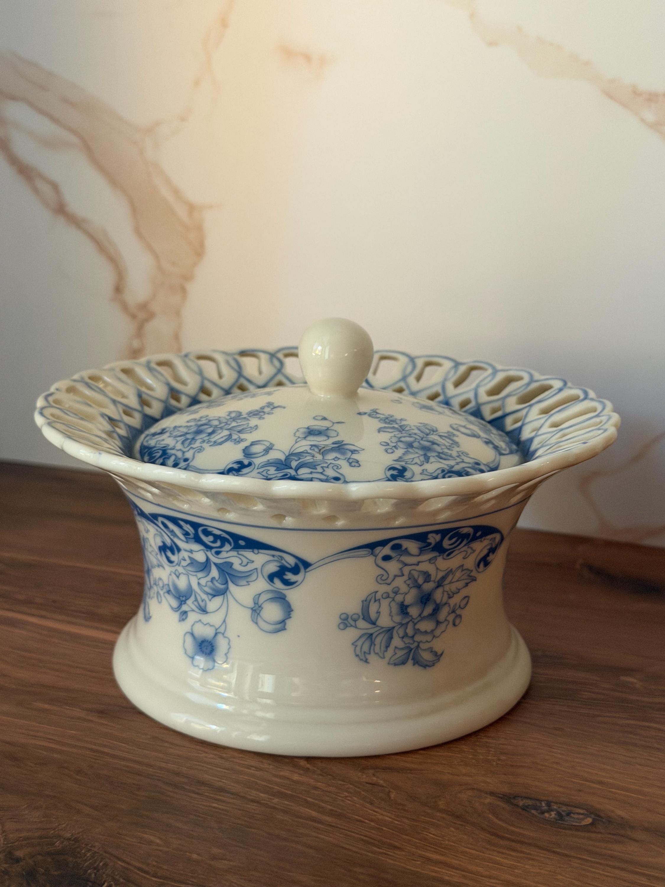 Vintage Blue Floral Transferware Lidded Dish, Reticulated Edge Candy Bowl