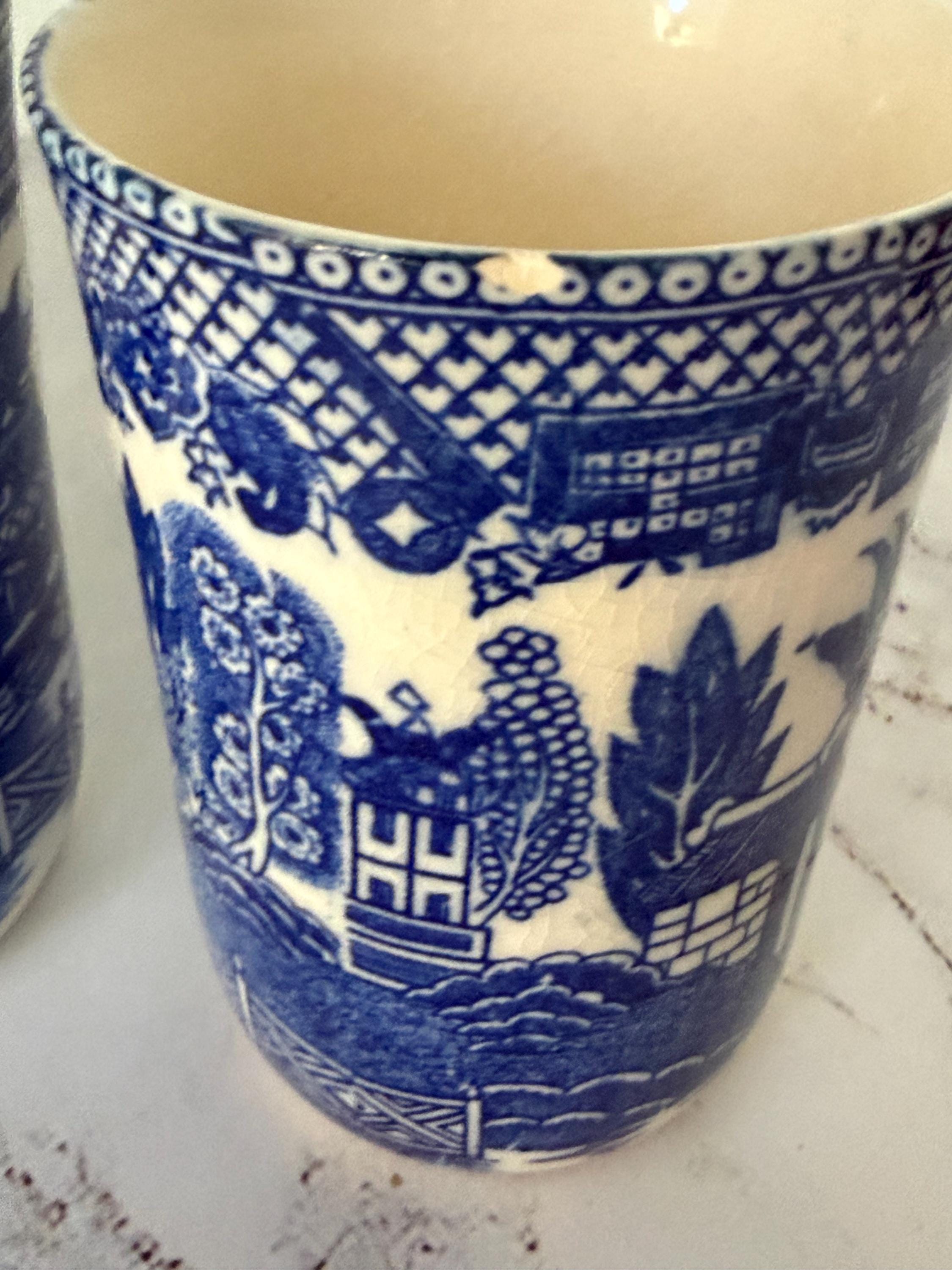 Vintage Blue Willow Tumblers Pair — Small Japan Pottery Cups 3.5” Cottage Tea