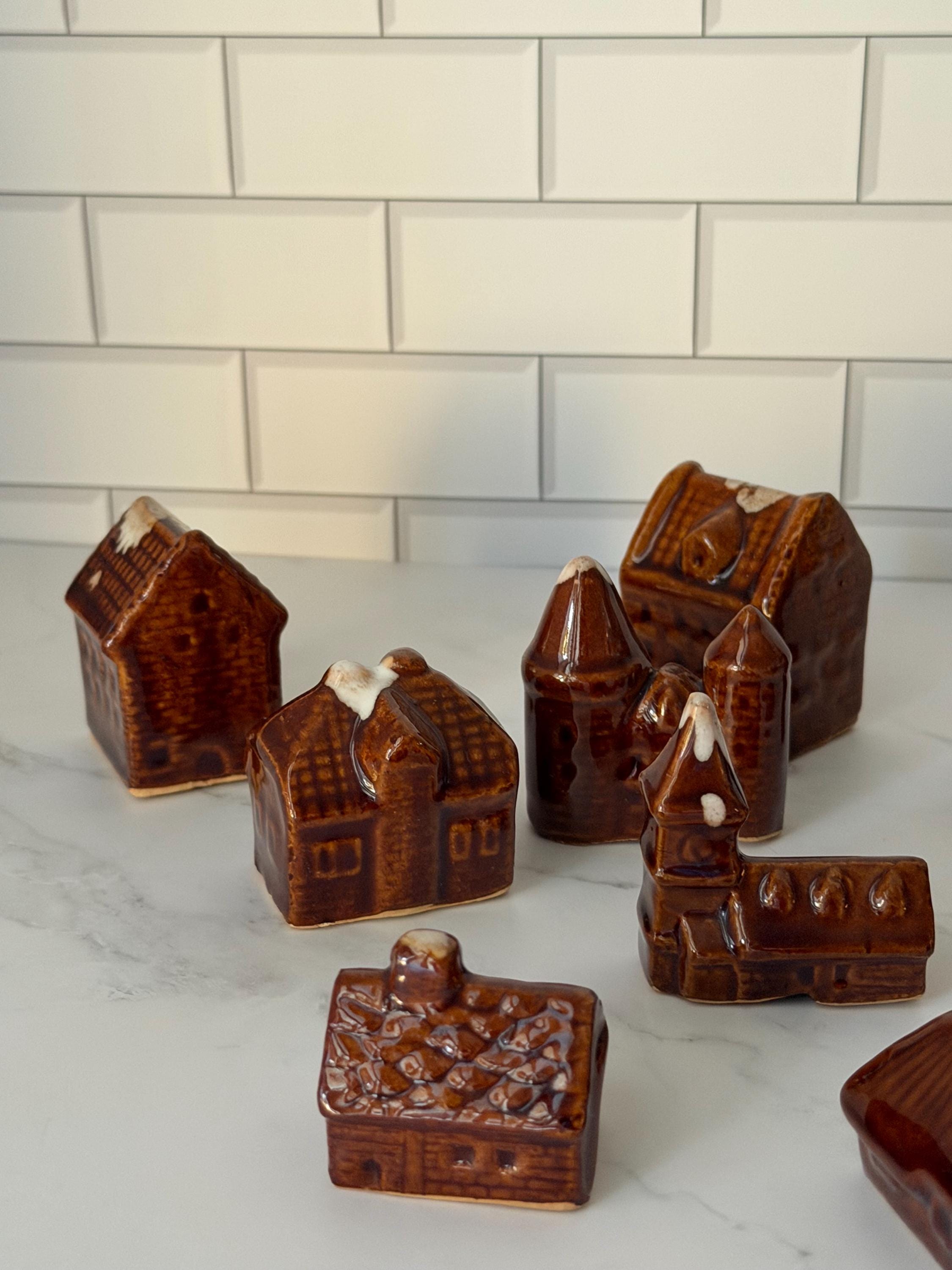 Miniature Ceramic Village Houses Set of 12 – Brown Drip Glaze Cottage Decor