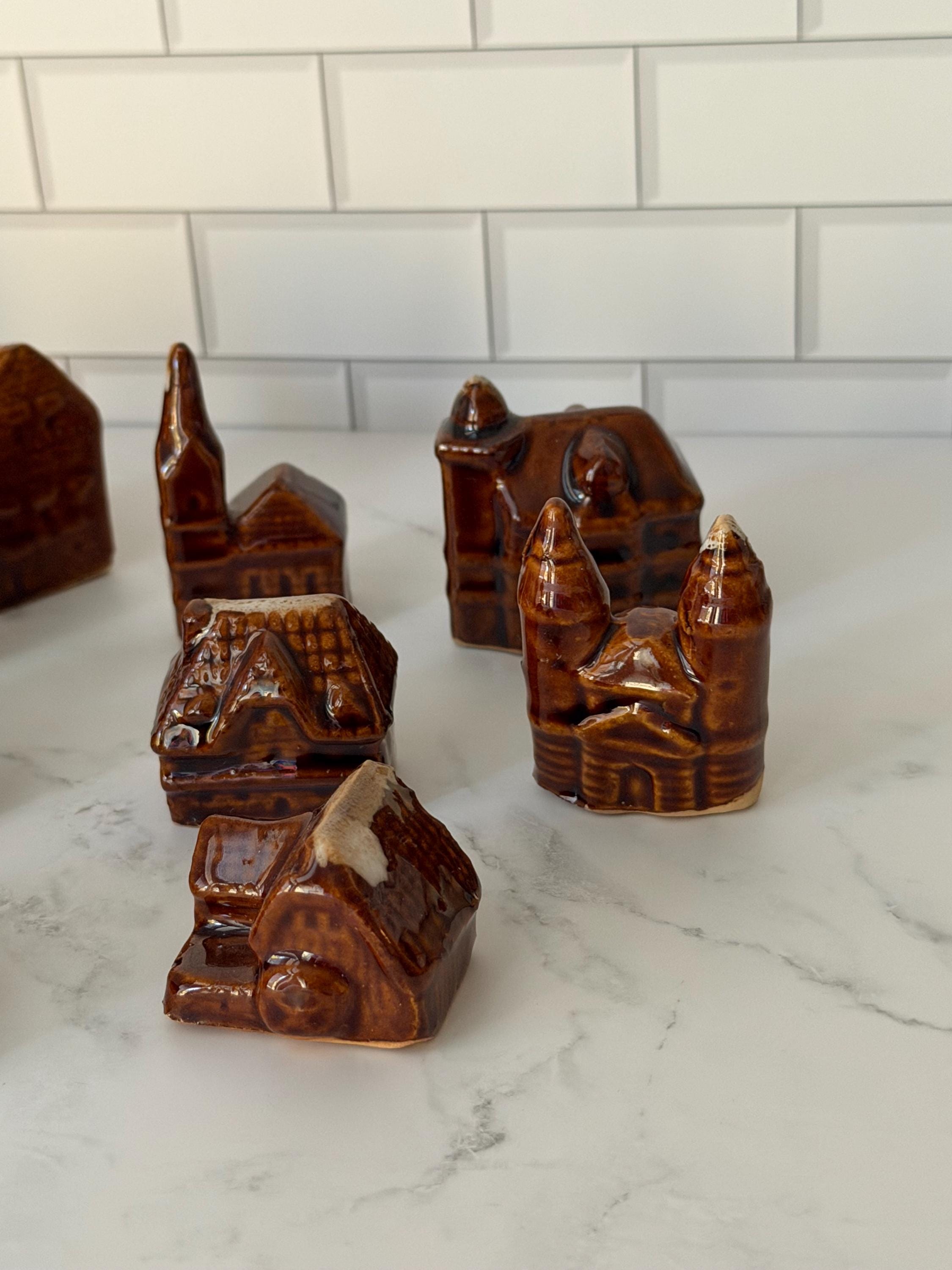 Miniature Ceramic Village Houses Set of 12 – Brown Drip Glaze Cottage Decor