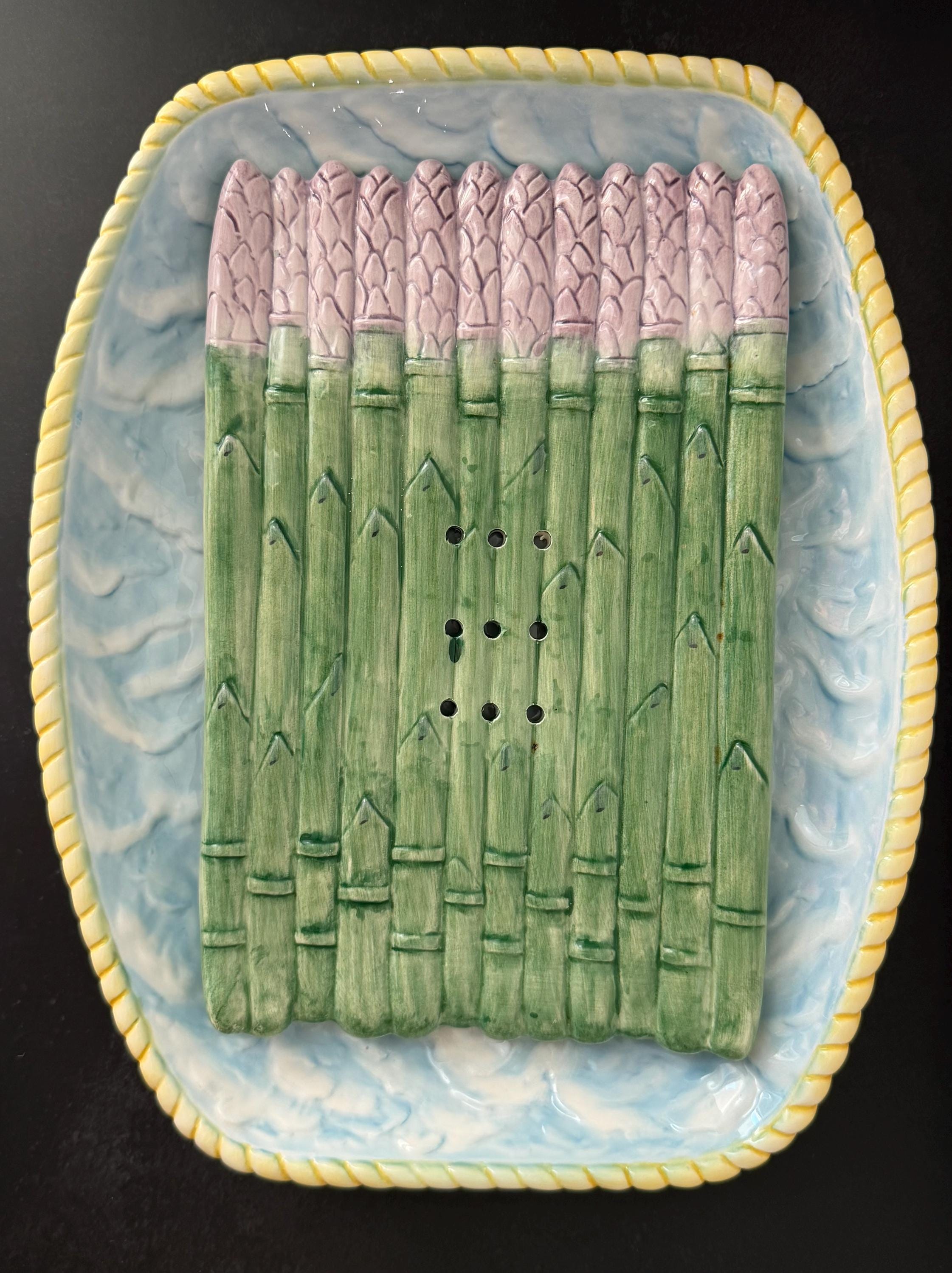 Majolica Asparagus Serving Dish 1985 Haldon Group Blue Yellow Vegetable Plate