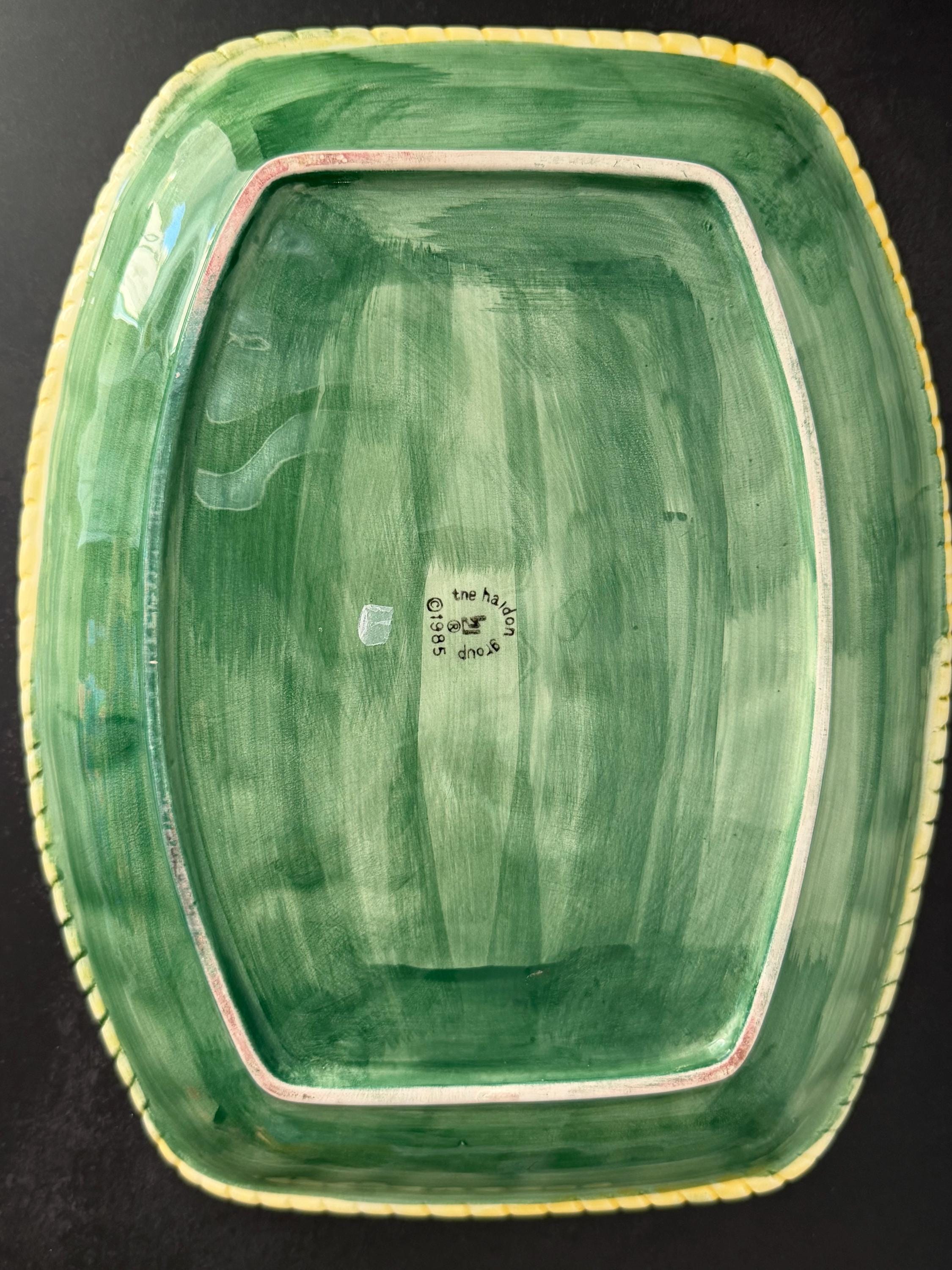 Majolica Asparagus Serving Dish 1985 Haldon Group Blue Yellow Vegetable Plate