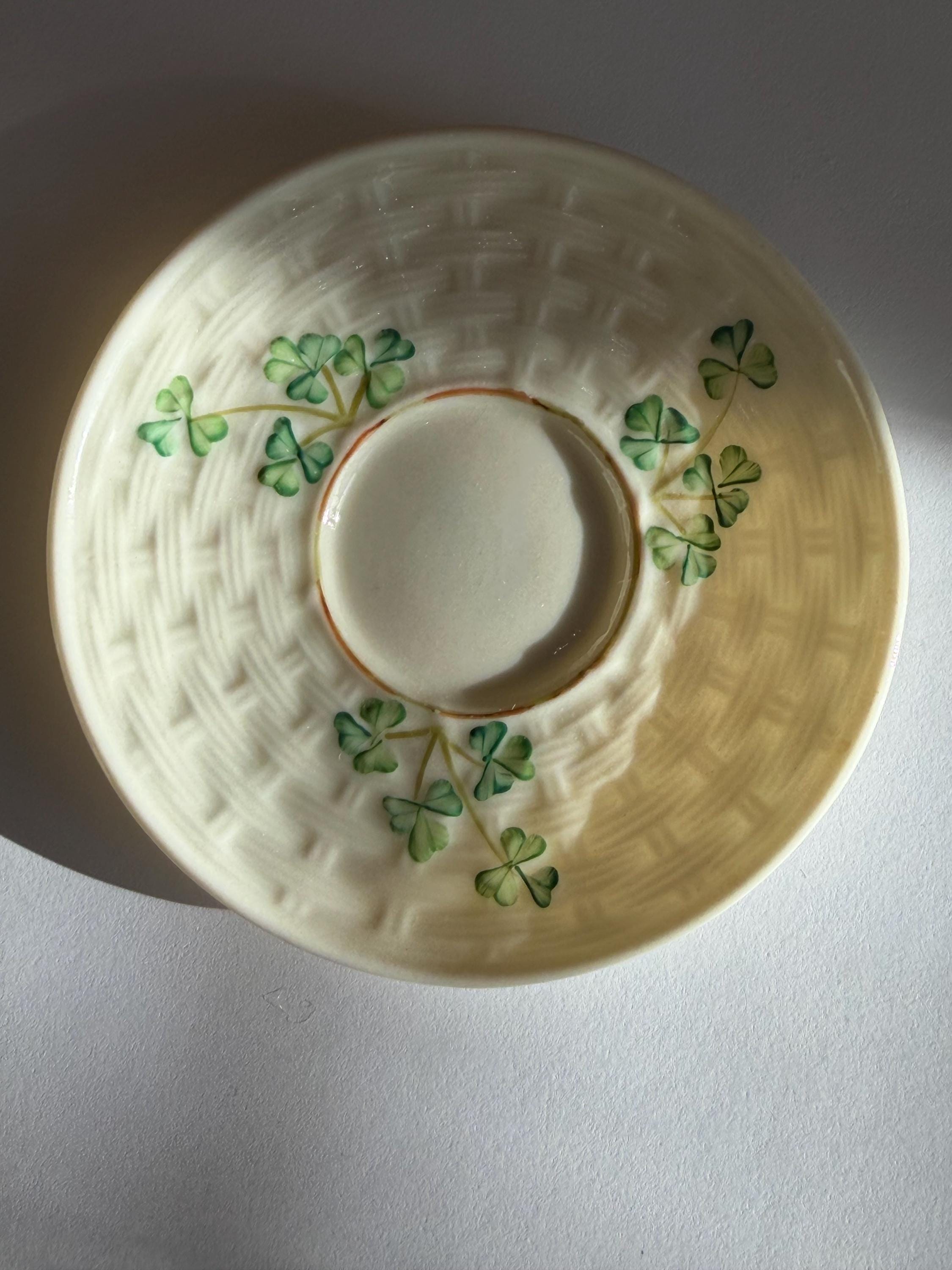 Mid Century Belleek Ireland Porcelain Shamrock Cup with  Saucer Green 6th Mark