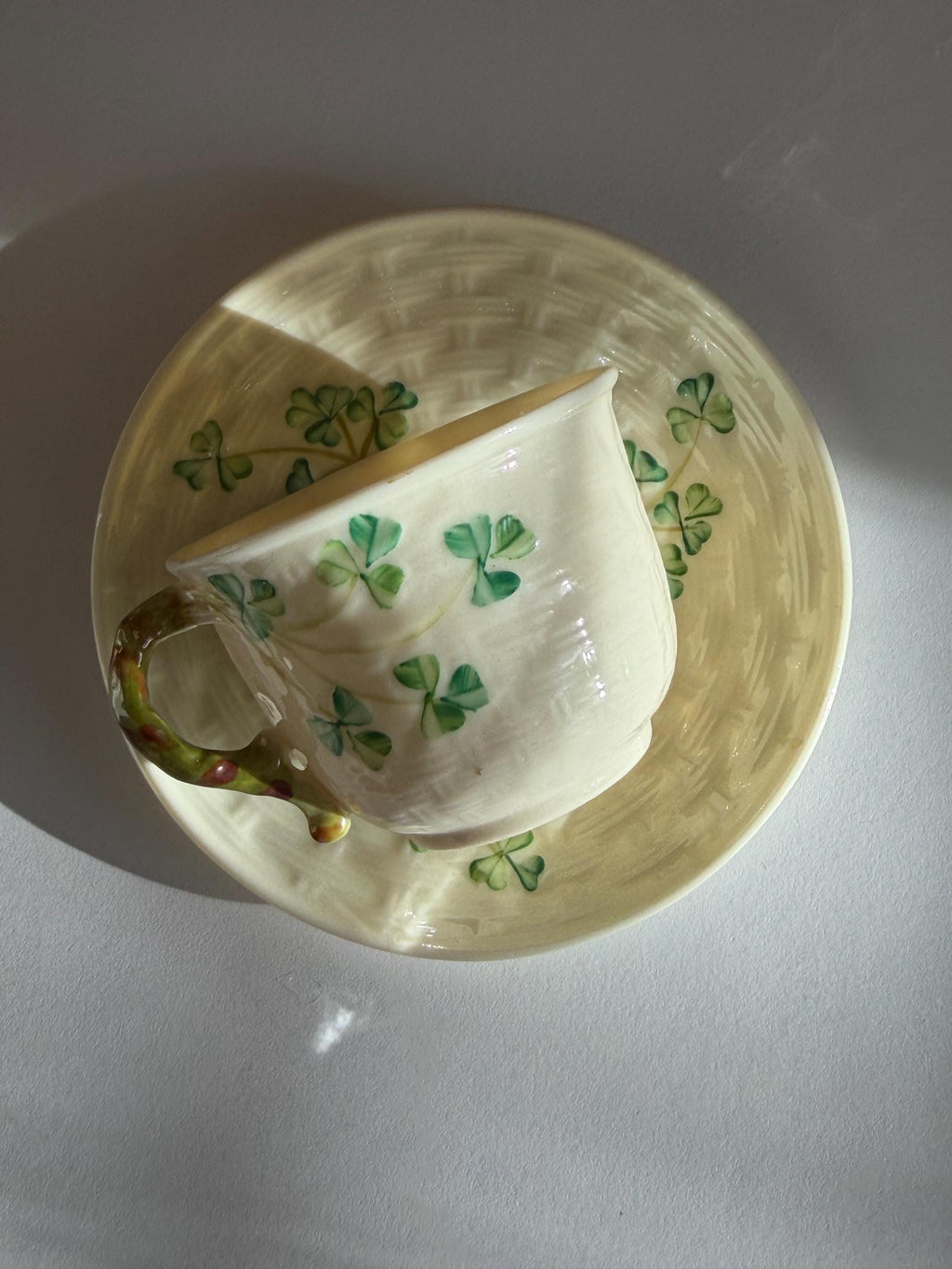Mid Century Belleek Ireland Porcelain Shamrock Cup with  Saucer Green 6th Mark