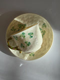 Mid Century Belleek Ireland Porcelain Shamrock Cup with  Saucer Green 6th Mark