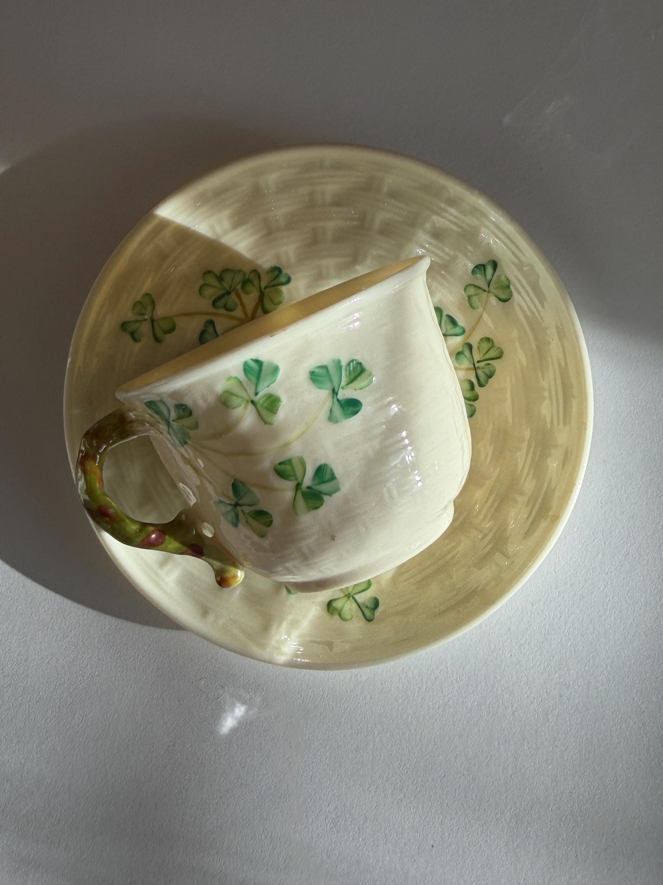 Mid Century Belleek Ireland Porcelain Shamrock Cup with  Saucer Green 6th Mark