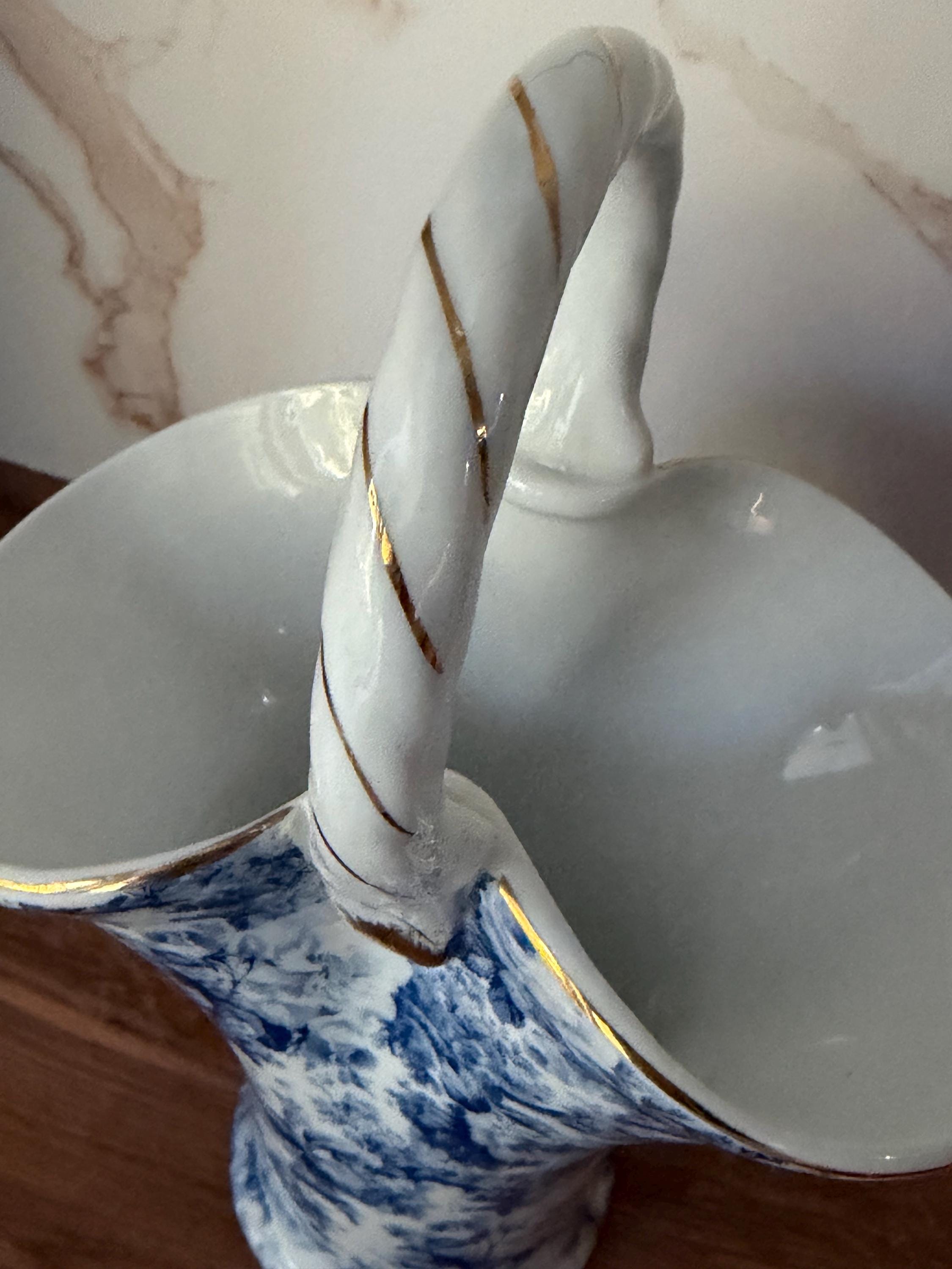 Vintage Baum Bros Formalities Basket Vase Blue White Roses 9 Inch Porcelain