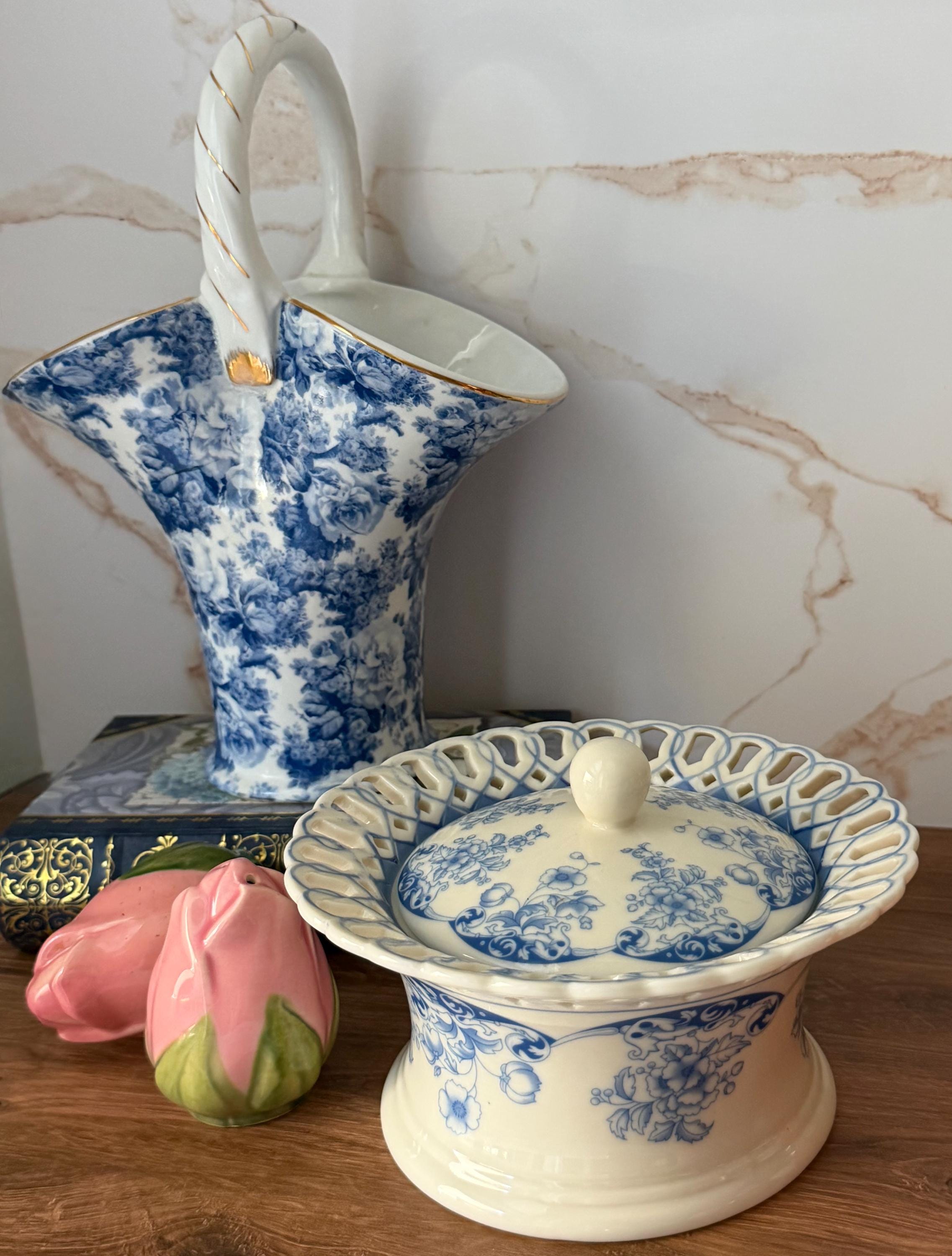 Vintage Baum Bros Formalities Basket Vase Blue White Roses 9 Inch Porcelain