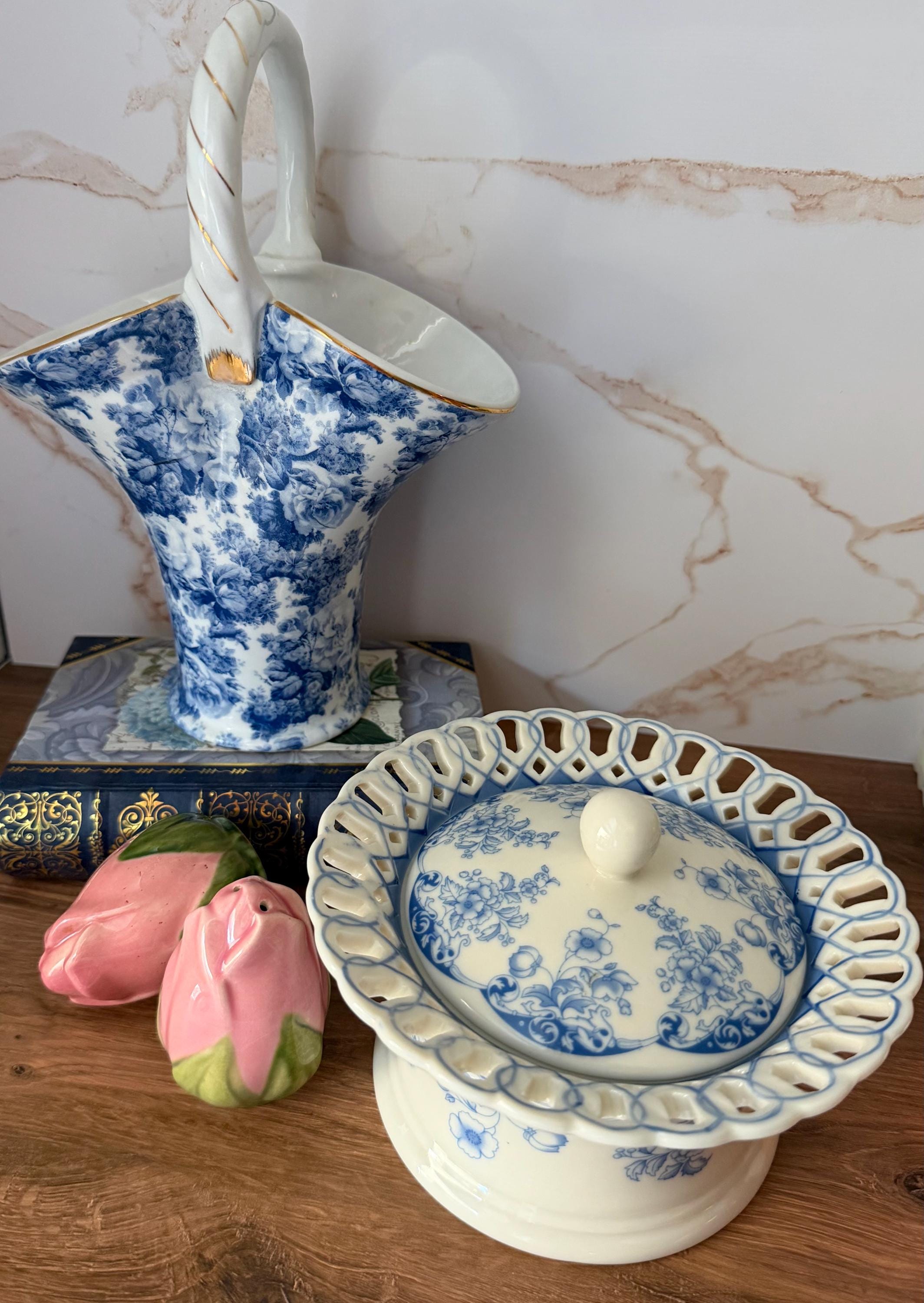 Vintage Blue Floral Transferware Lidded Dish, Reticulated Edge Candy Bowl
