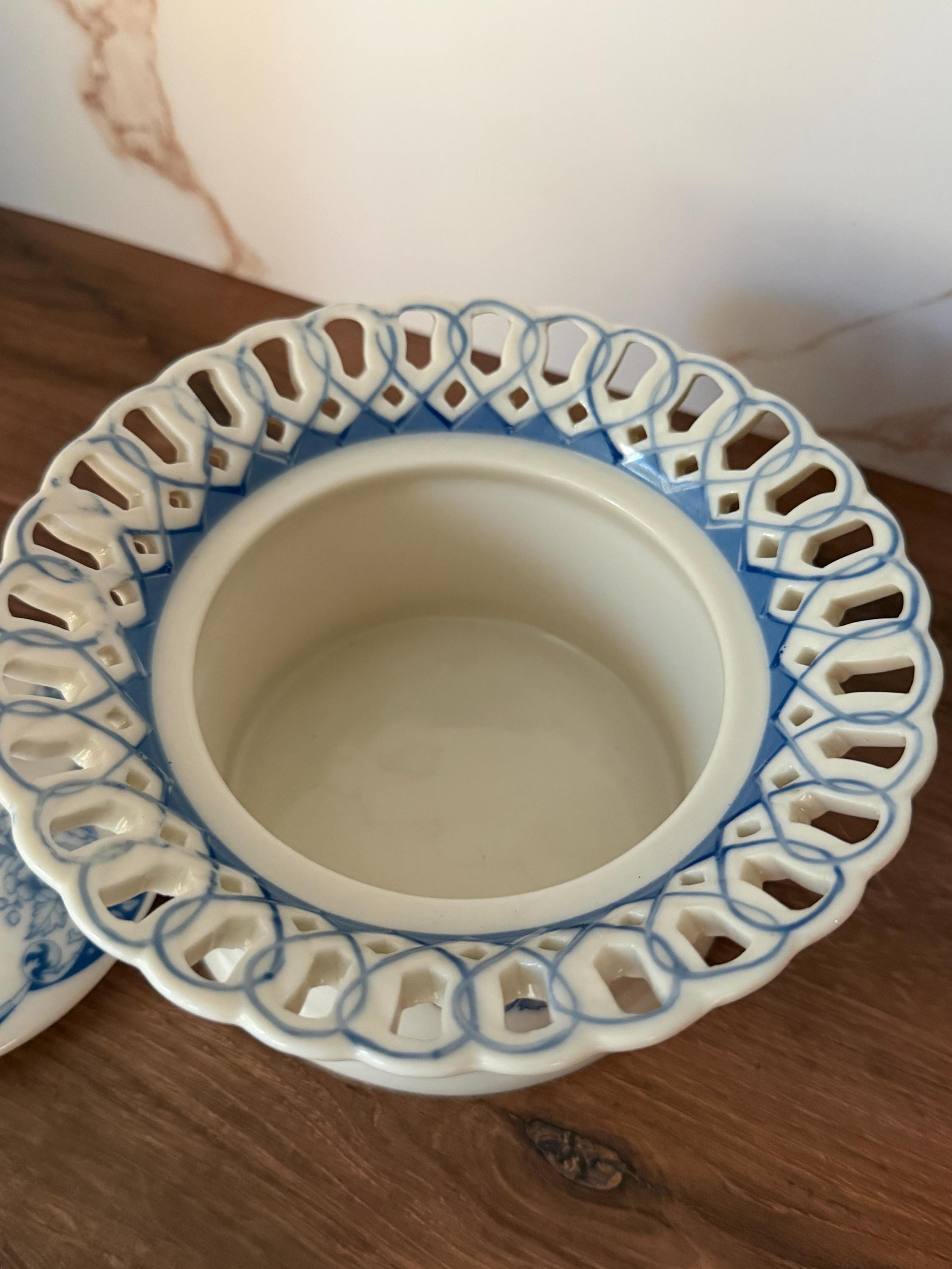 Vintage Blue Floral Transferware Lidded Dish, Reticulated Edge Candy Bowl